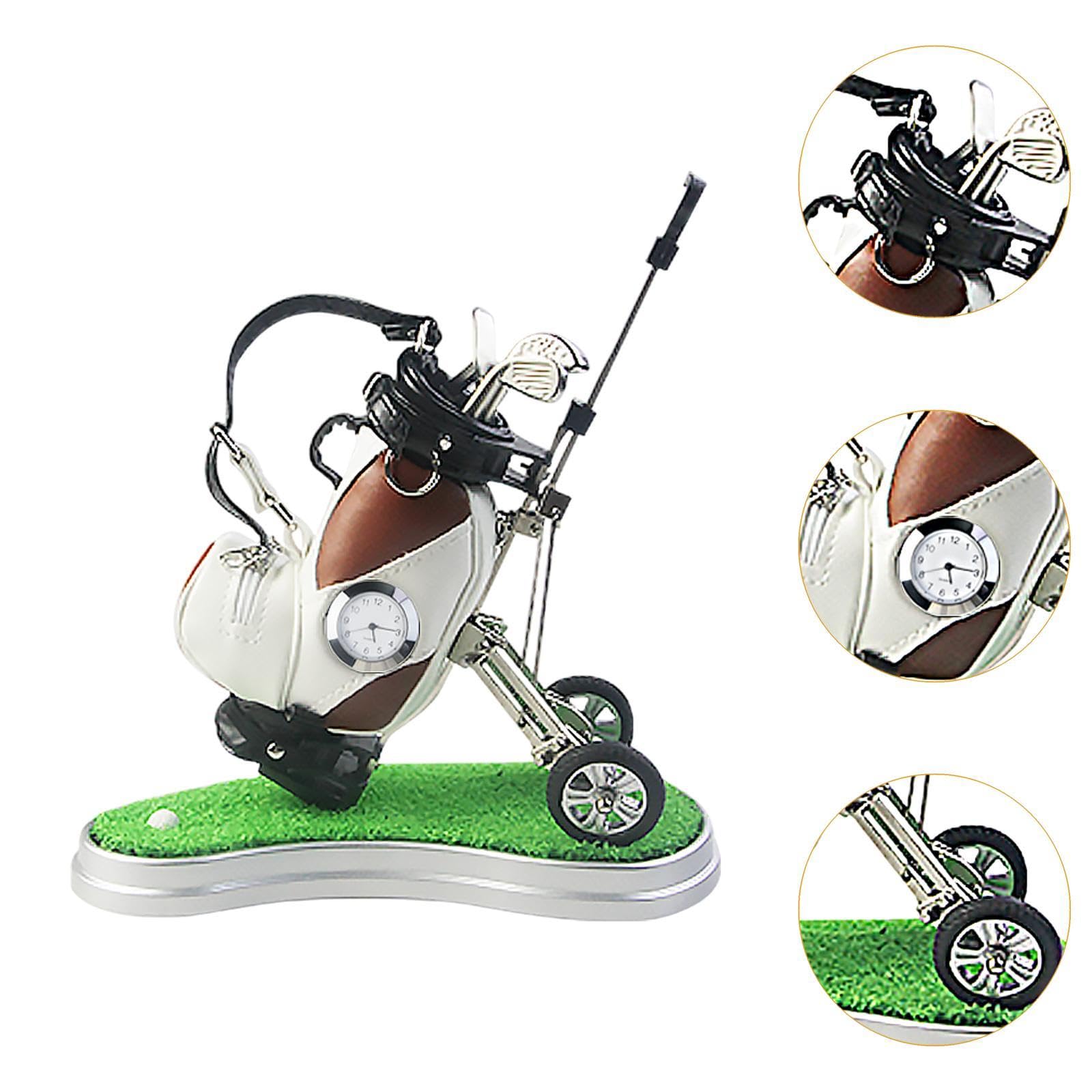 Golf Bag Pen Holder Mini Golf Tasche Stifthalter mit Uhr Und Kuli Halter Aus Robustem PU Und Metall für Geschenk Büro Zuhause Schreibtischdekora, Braun Weiß