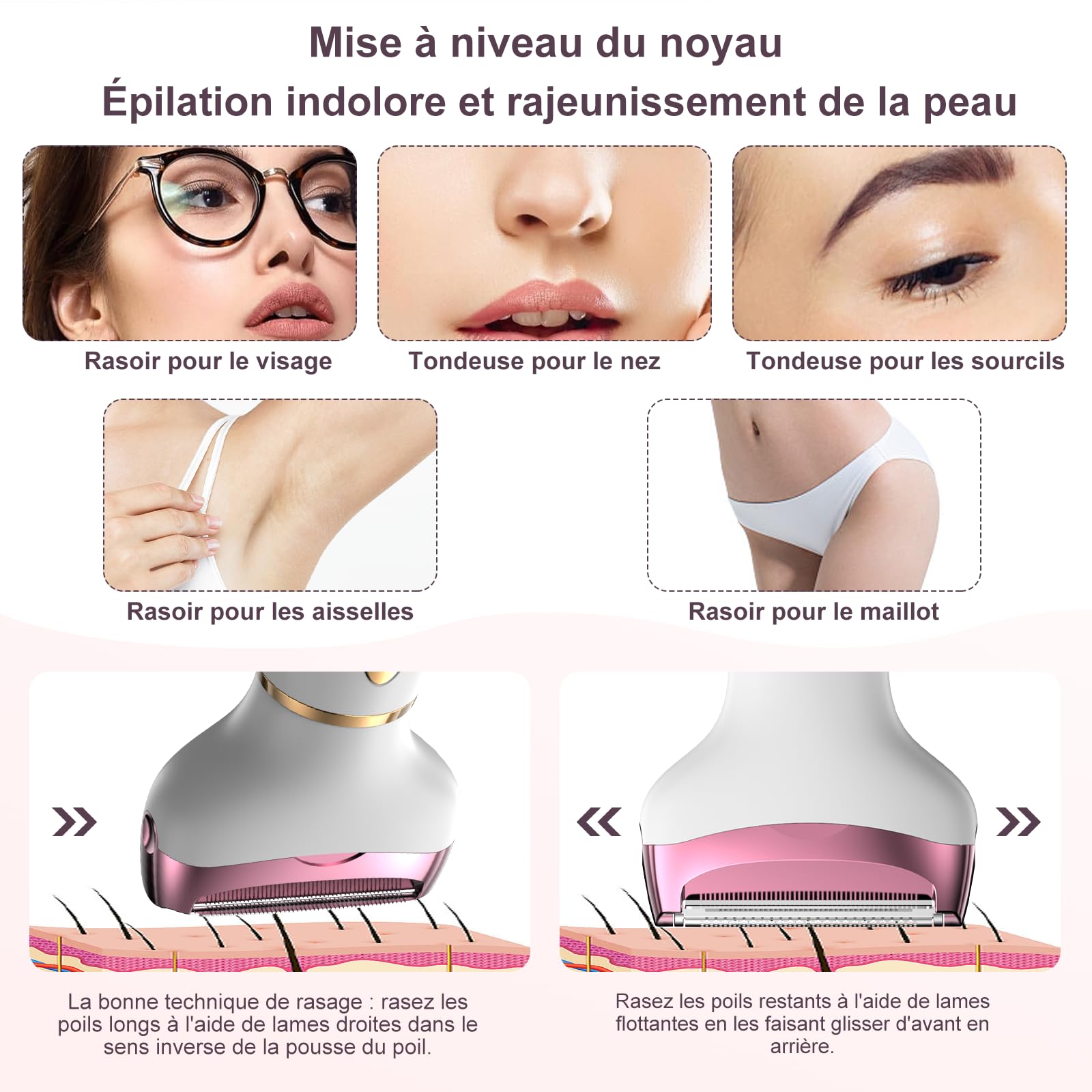 Rasoir électrique 4 en 1 pour femme avec affichage numérique, étanche IPX7, épilateur facial pour femme, rasoir intime pour le visage, les parties intimes, les aisselles, les jambes, recharge