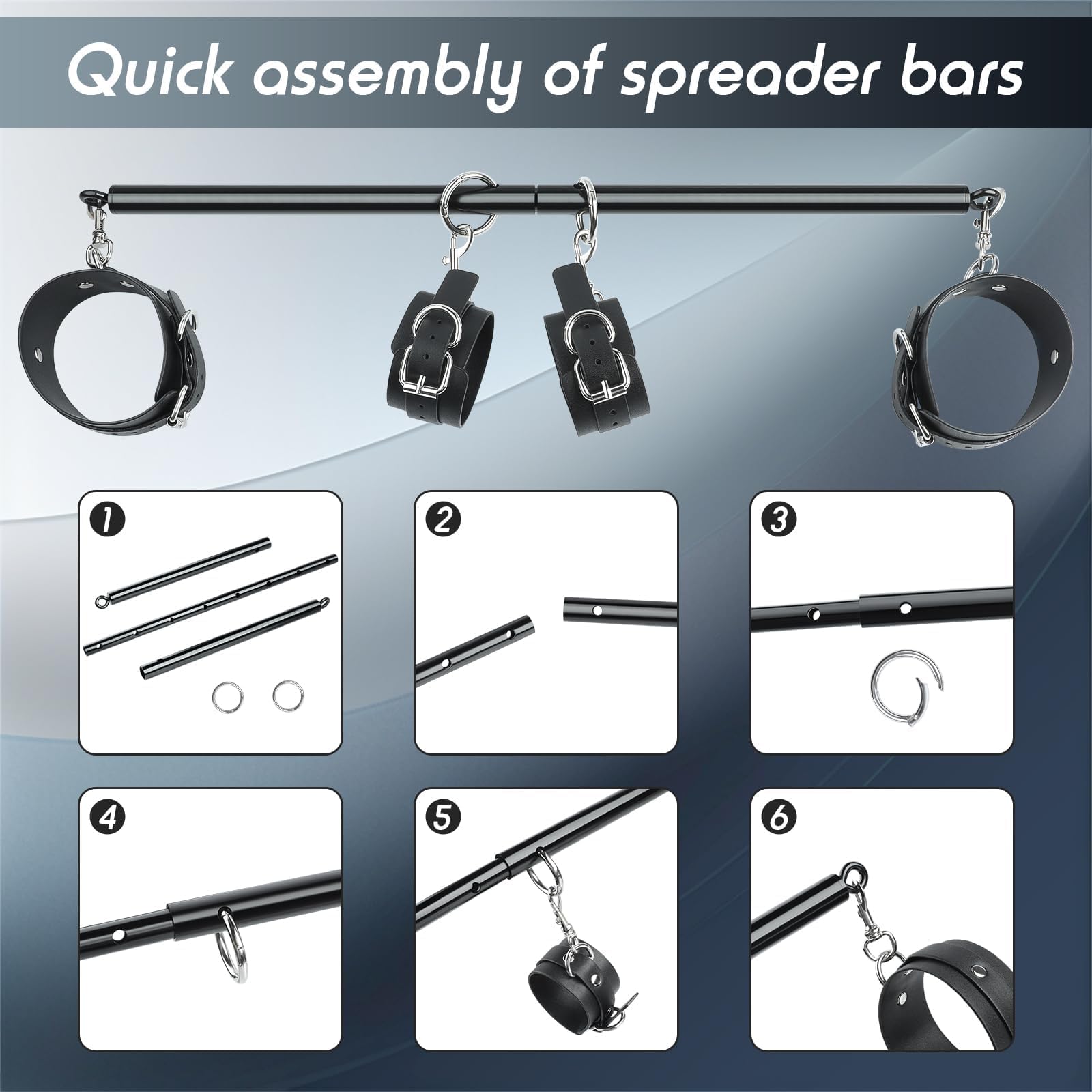 Barra separadora para bondage,kit de ataduras BDSM, juguetes sexuales para parejas,juguete sexual para adultos con 4 esposas ajustables, látigo y venda para los ojos,equipo y accesorios bondage(negro)