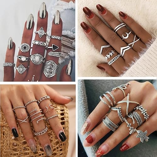 Miniatura 4 de Juego de 78 anillos de nudillos plateados vintage anillos apilables para mujer anillos midi bohemios paquete de anillos apilables de cristal de