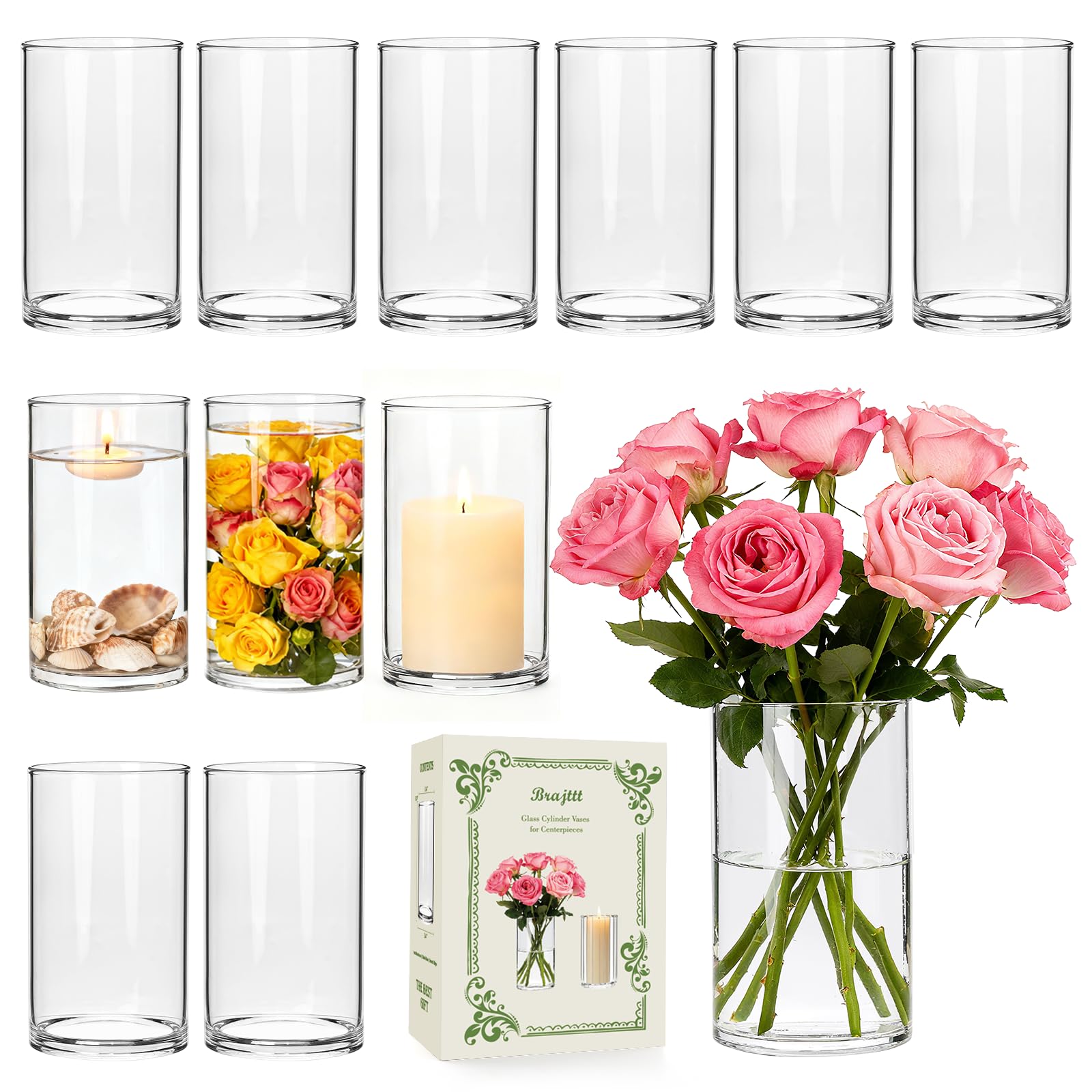 Photo 1 of 12pcs Thick Glass Cylinder Vase 6 Inch – Clear Glass Flower Vase & Floating Candle Holders for Centerpieces,Cylinder Vases Bulk Weighted Base for Wedding, Home & Dining Table Décor Gift