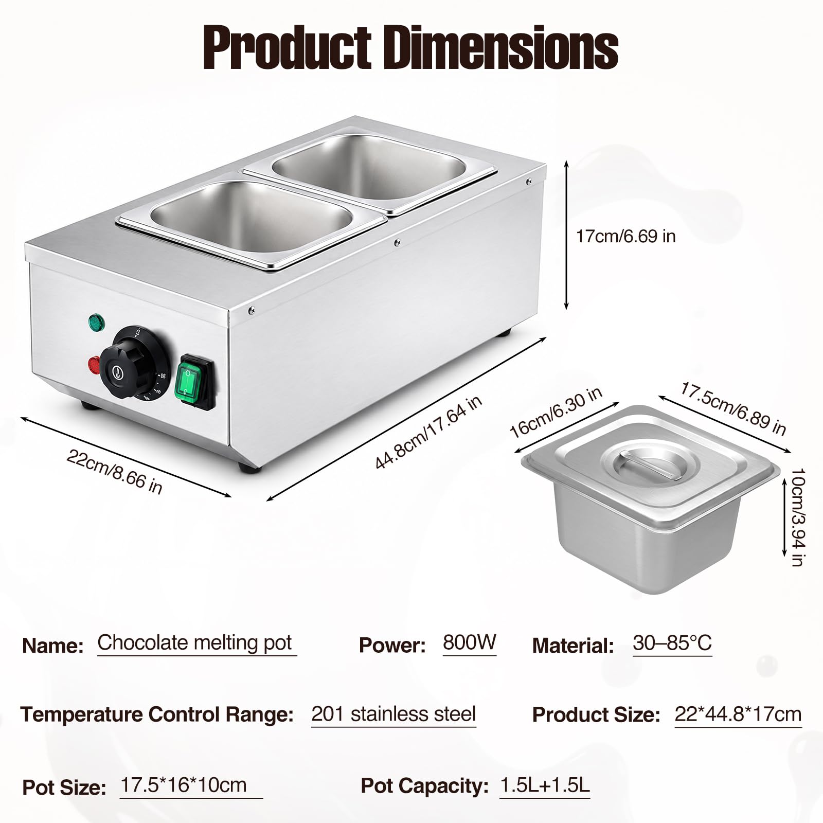 Tempéreuse à Chocolat Commerciale 800 W, Fondoir à Chocolat en Acier Inoxydable, Bain-Marie Électrique à 2 Cuves 1,5 L, Température Réglable 30-80°C, Pour Chocolat Beurre Crème Lait