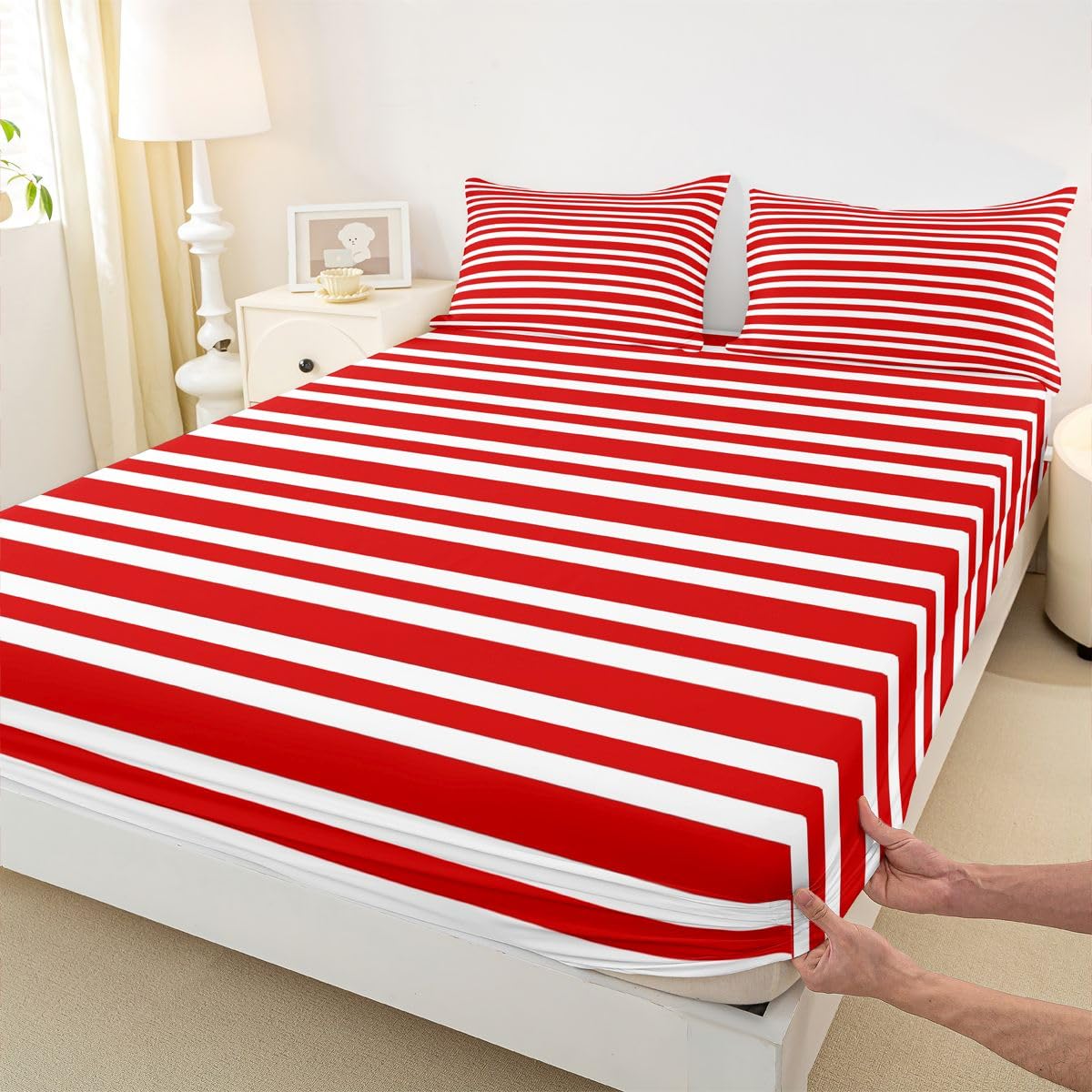 Homemissing Rouge Weiß Gestreift Carreau Drap Housse 180x200cm