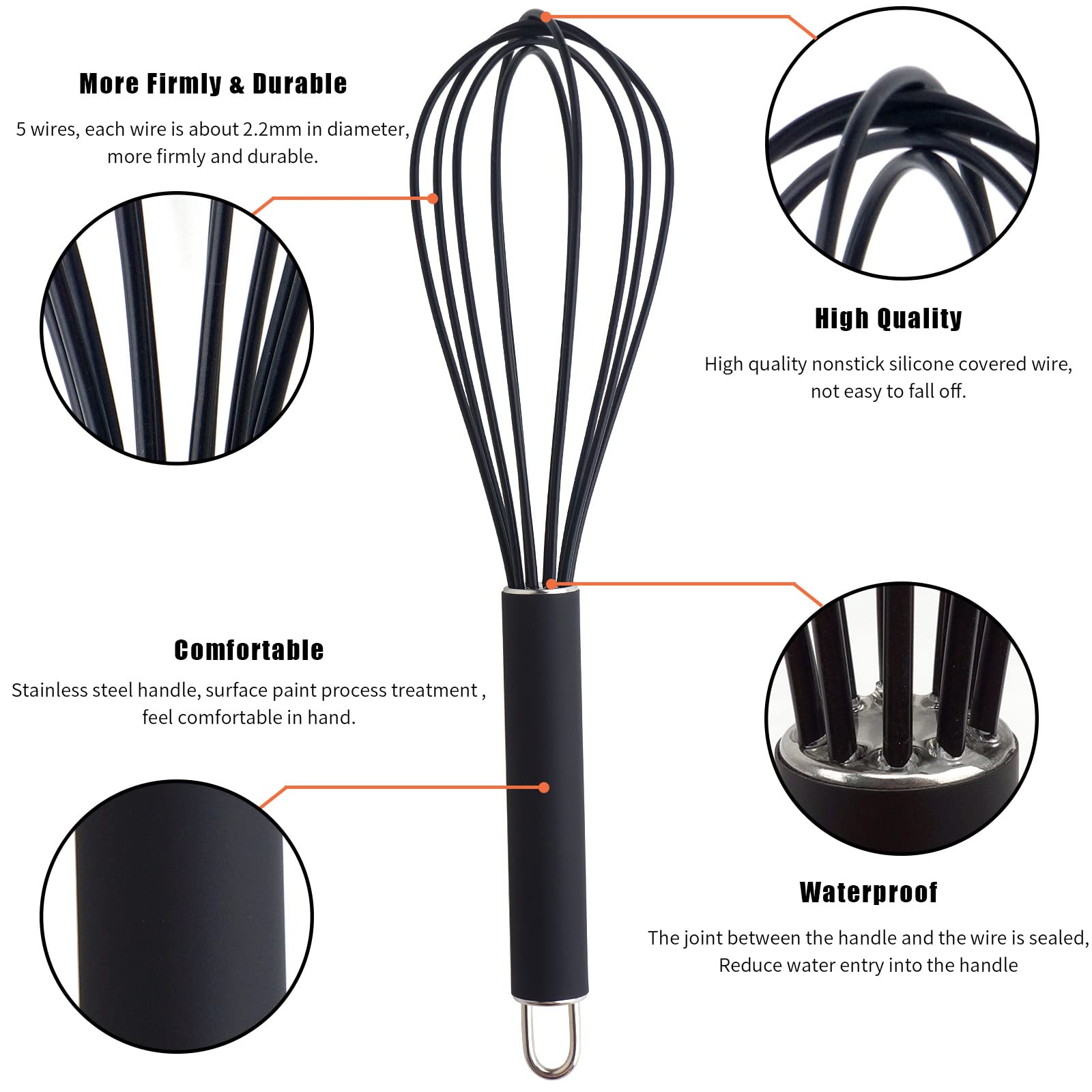 GorGin Batidor de silicona de alta temperatura y fácil de limpiar, agitador, 10 pulgadas, diseño de buen agarre para mezclar, batir, batir, agitar, cocinar y hornear (1 paquete, negro)