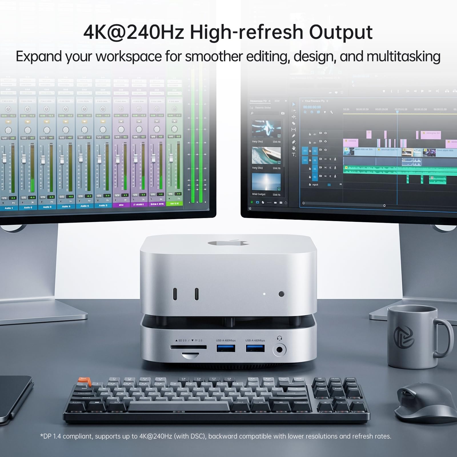 Netac Mac mini M4 Hub e supporto 9 in 1 con alloggiamento NVMe SSD da 10 Gbps (fino a 8 TB), dock con USB 3.2 x 2 e USB 2.0 x 2, porta 4K 240Hz DP 1.4 / audio 3,5 mm / audio 3,5 mm, SD/TF