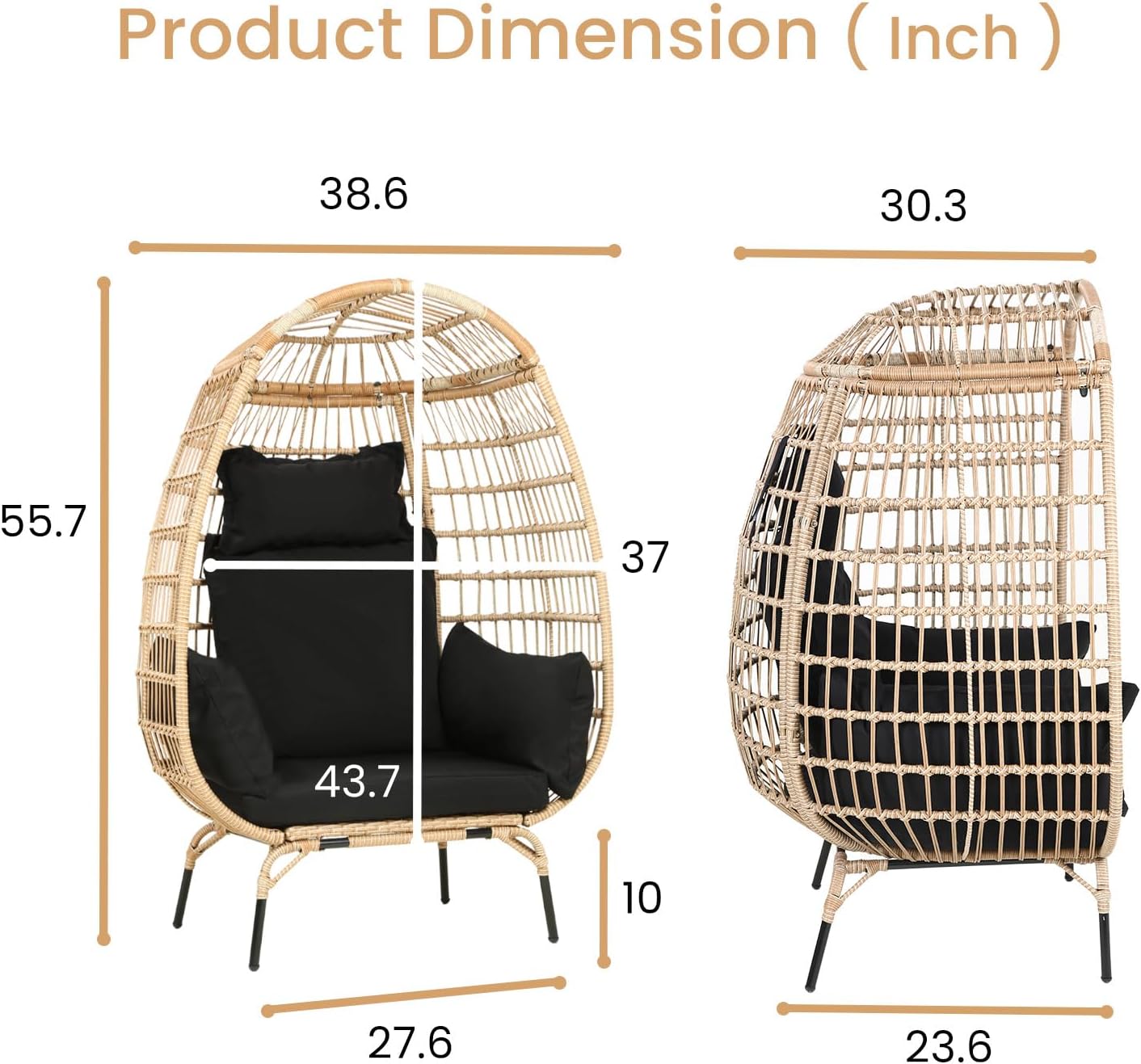 Egg Chair Outdoor Rattan Patio Egg Chair Hand-Woven Oversized Wicker Egg Chair Outdoor Indoor Lounge Chair with Padded Cushions Steel Frame for Living Room Backyard Patio Porch, Black