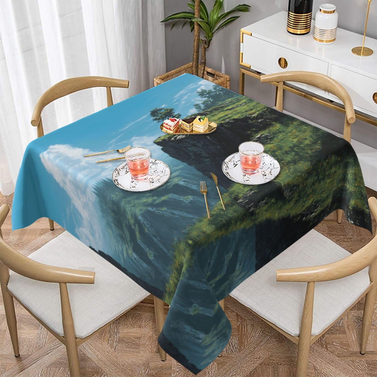 Nappe carrée imprimée falaise 137x137 cm imperméable pour table de repas