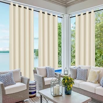 MINGPINHUIUS Gazebo Patio Outdoor Curtains Waterproof (52x83.9, 1 Panel) | Garden Blackout Curtains, Thermal Insulated Sun Shades Eyelet Window Blinds for Pergola Porch Pool Balcony Living Room Beige