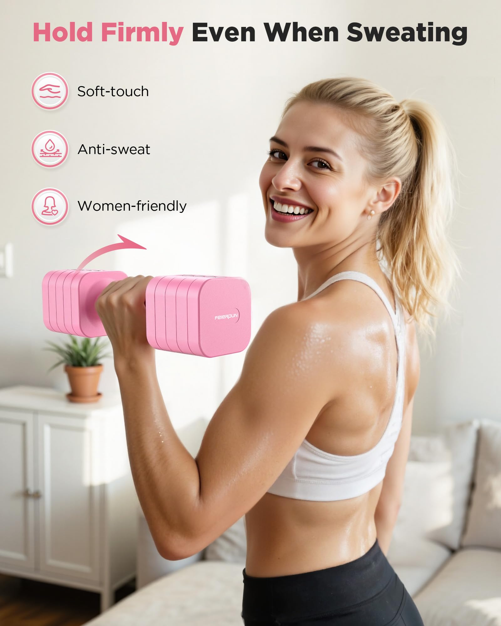 FEIERDUN Set di manubri regolabili 5 in 1, ognuno da 10/8/6/4/0,9 kg, set di manubri da donna con doppia stabilità, per palestra e attività all'aperto