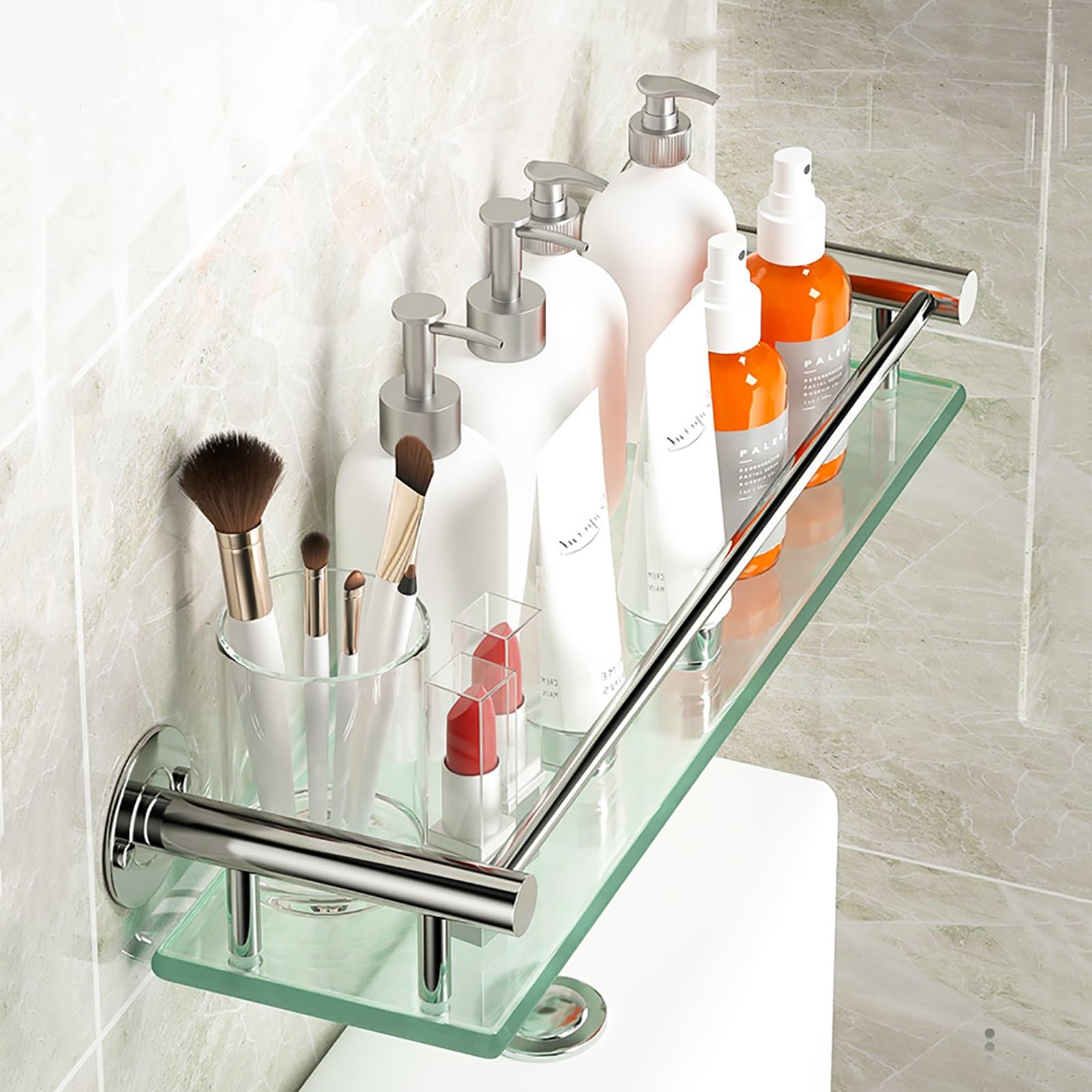 ZDJZMGZ Wall Mounted Shower Caddy Rectangle Lavatory Glass Shelf Stainless Steel Storage Shelves with Guardrail Shower Rack Polished