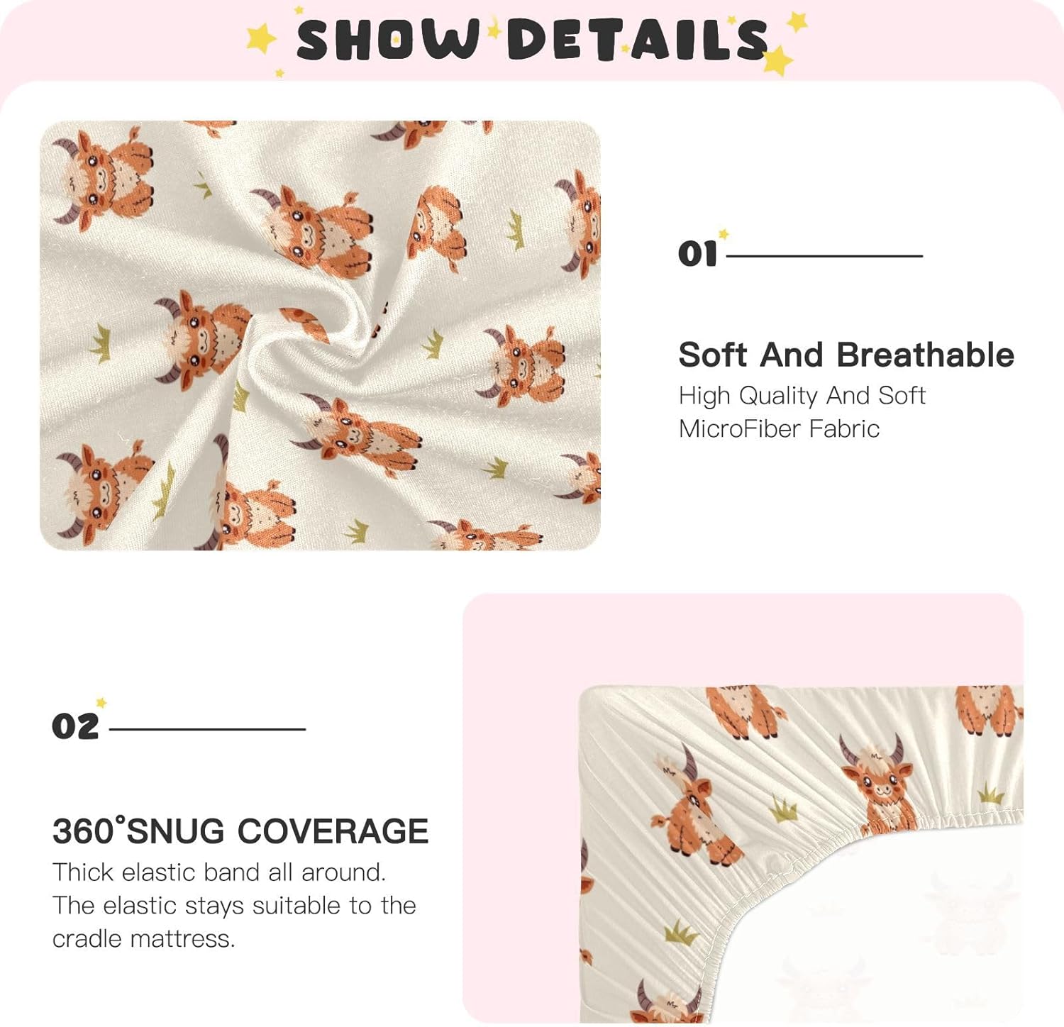 Highland Cow Crib Sheets Cute Cartoon Cows Cattle Prints Mattress Cover Funny Animal Theme Unisex Toddler Baby Bed Sheets Fitted Standard Crib Sheets for Boys Girl 28x52 Inch