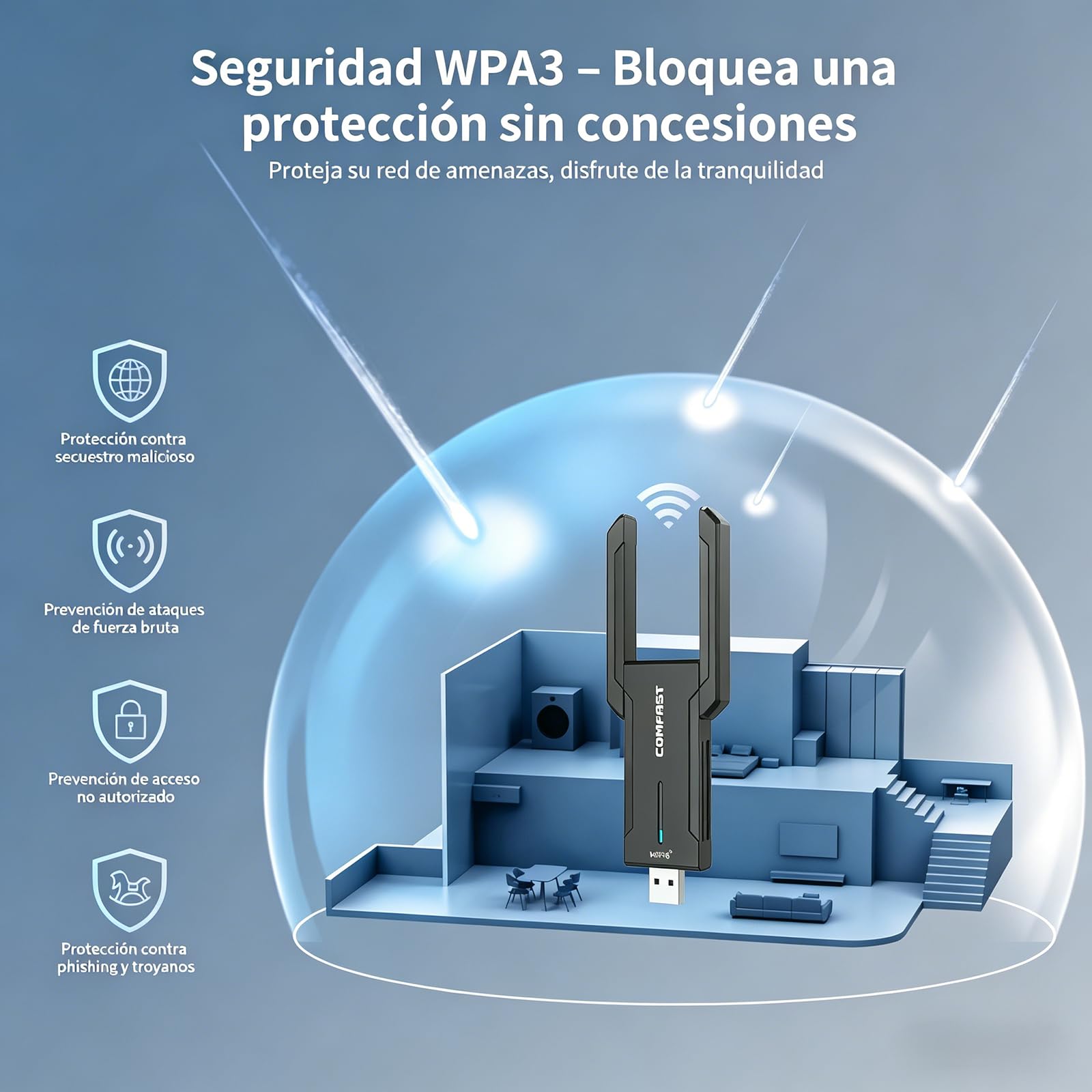 COMFAST AX5400 Adaptador WiFi USB para PC, Receptor Wi-Fi 6E, USB 3.0, Tri-Banda 6G/ 5G/ 2,4GHz, Antena WiFi Externa Ajustable, WPA3, MU-MIMO, OFDMA, Compatible con Windows 10/11, Baja Latencia