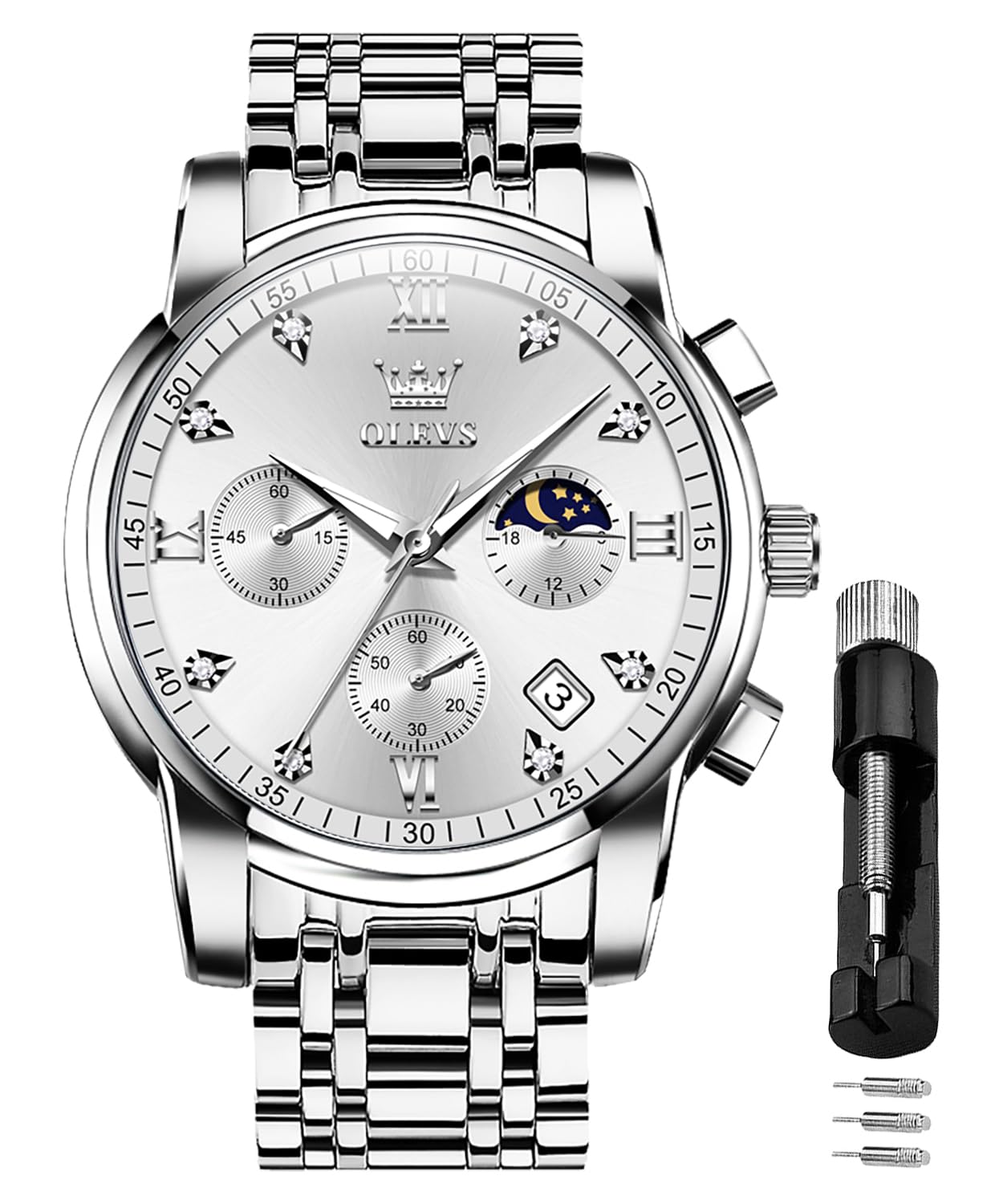 OLEVS Herrenuhren Schwarz Edelstahlarmband Quarz Uhr Männer mit Diamant Datum Wasserdicht Leuchtende Klassische Elegantes Armbanduhr Geschenk