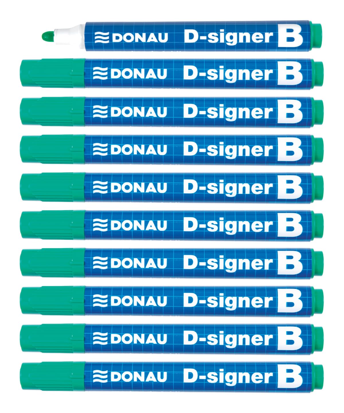 DONAU D-Signer B marker tablicowy do tablic suchościeralnych, 10 sztuk, zielony, okrągła końcówka, 2-4 mm, odporny na wysychanie, do 72 godzin bez nasadki, tusz nietoksyczny