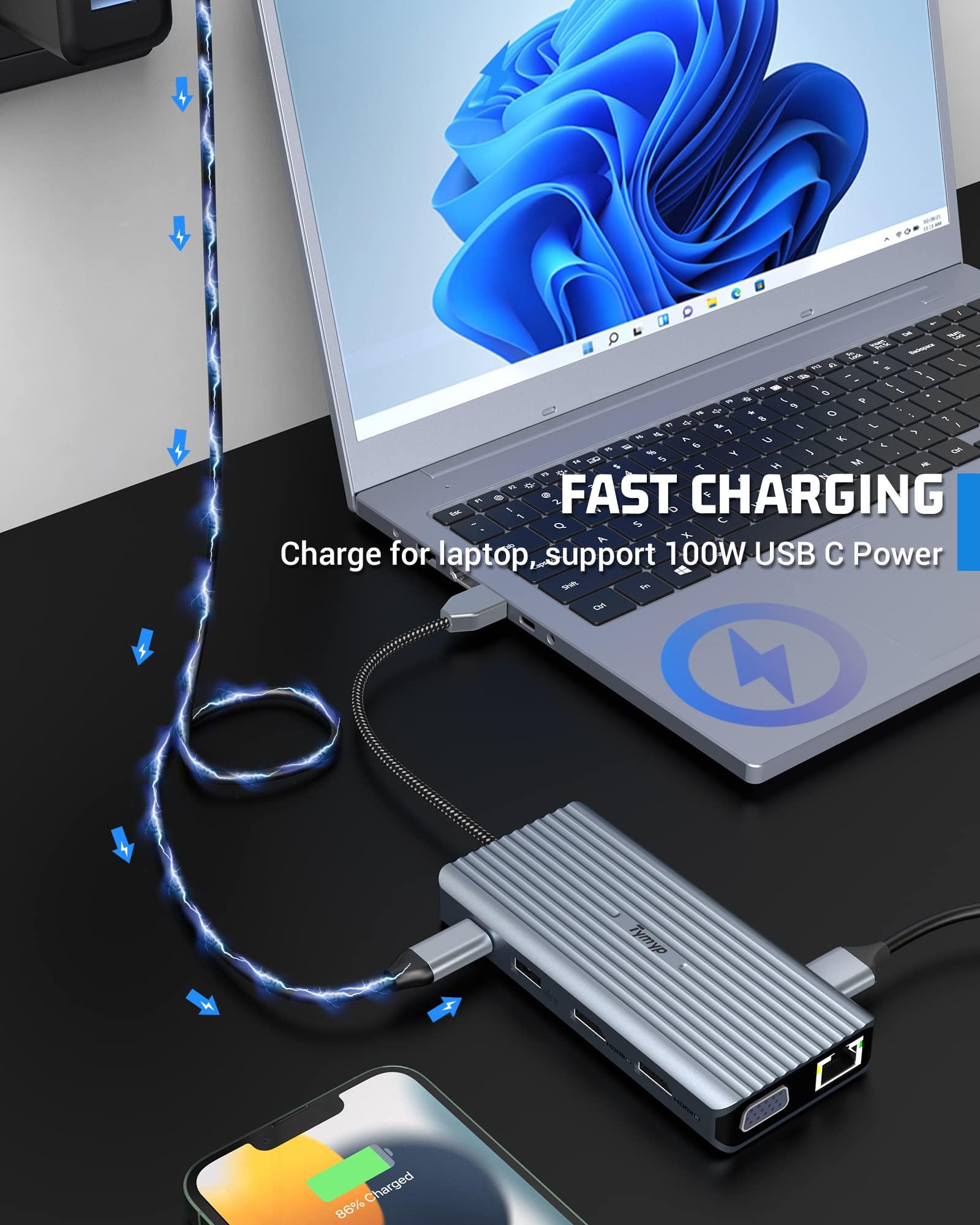 12 en 1 USB C Hub, Docking Station, 2 x HDMI, VGA, Ethernet, 100W PD, 3 x USB 3.0, USB 2.0, SD/TF Card Reader, Audio/Mic, Supports Windows 10,8,7,XP/Mac OS/Linux