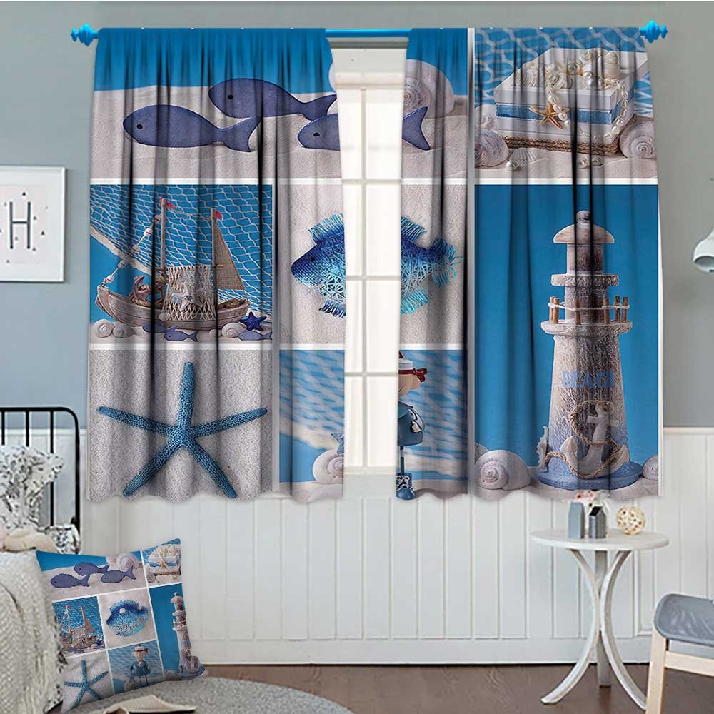 SeptSonne Nautical Home Decoration Thermal Insulated Marine Theme Design Objects Fishes Shells Starfishes Pearls Lighthouse Sailboat Blackout Draperies for Bedroom 72"x63" Blue White
