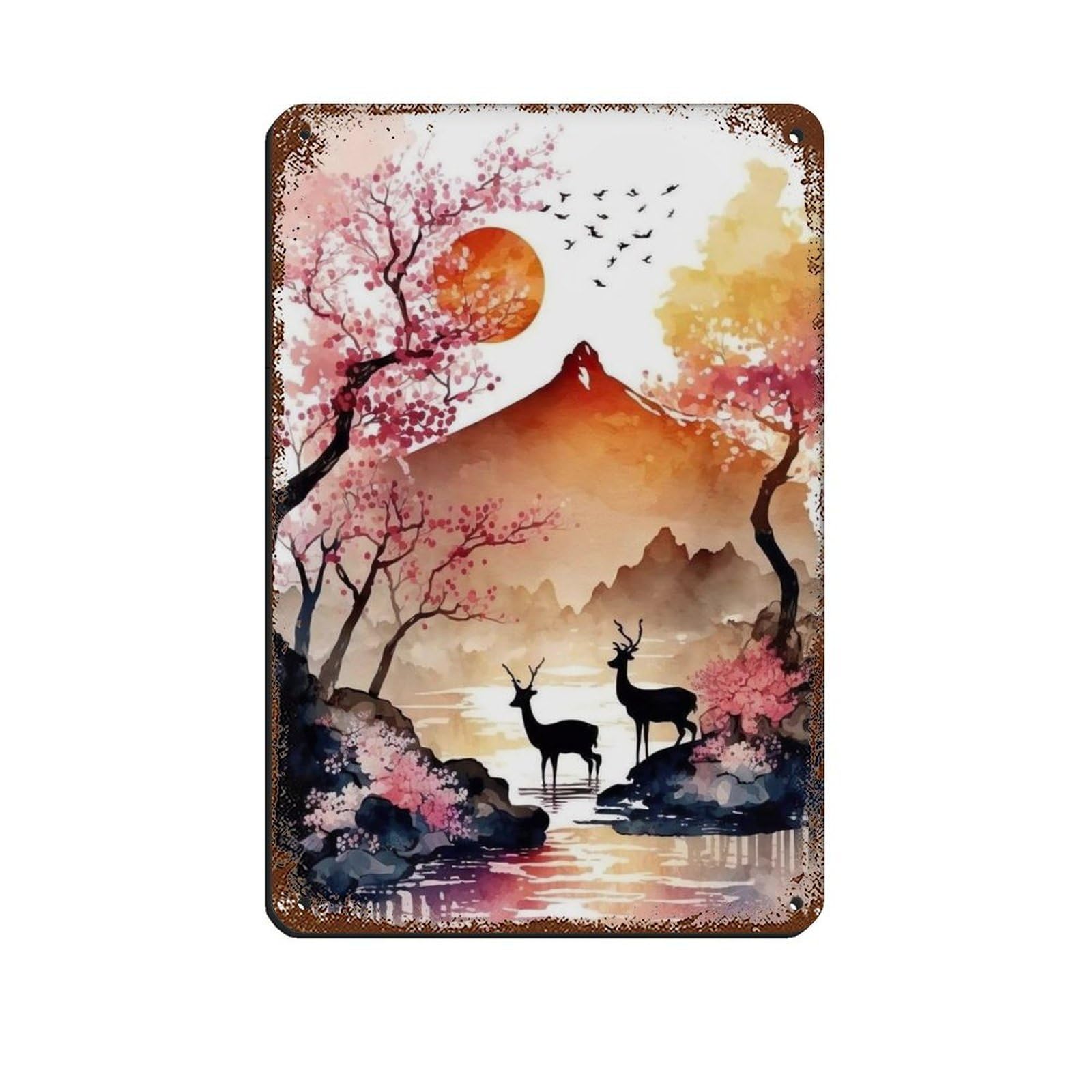 Sika Deers by The River, Retro Poster Metal Tin Sign Chic Art Retro Iron Painting Bar People Cave Cafe Family Garage Poster Wall Decoration 8x12inch(20x30cm)