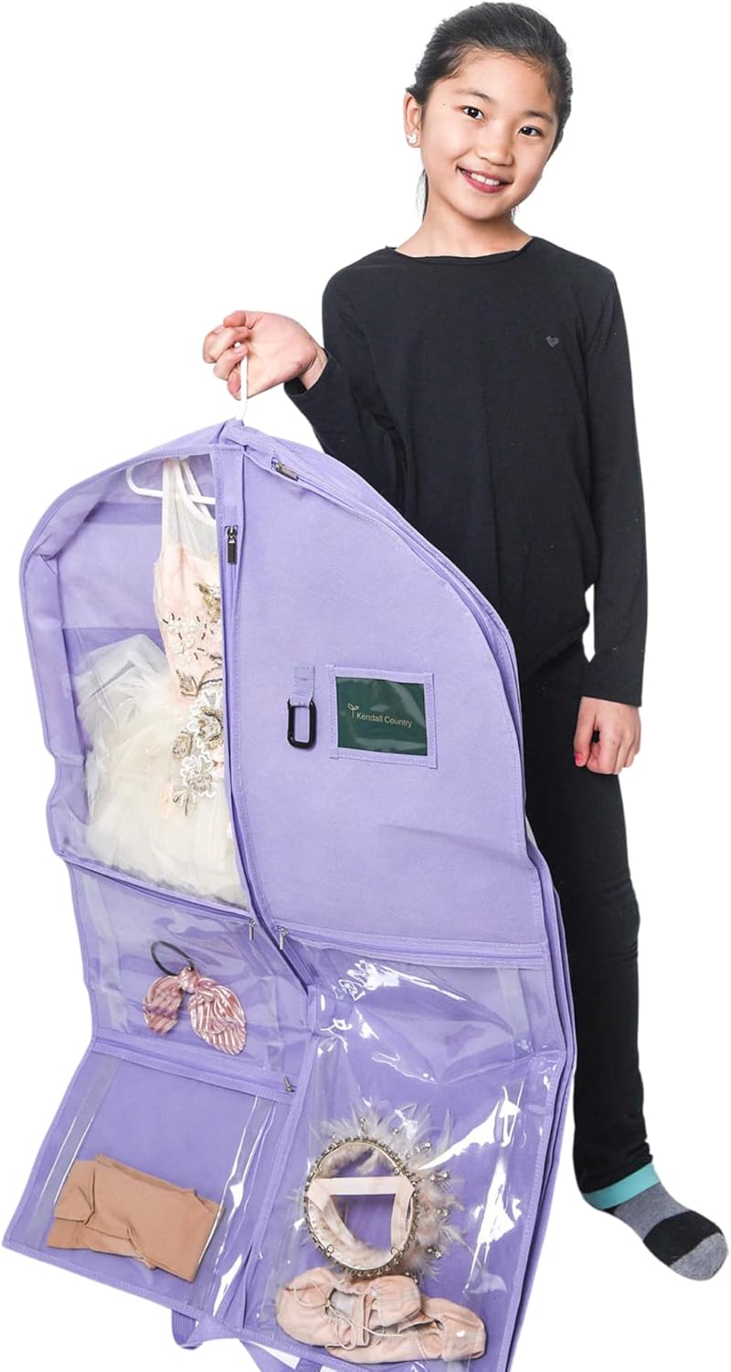 Waterproof Hanging Garment Bag 40 inch Clothes Bag with Gusset, 5 Pockets & Side Zip for Dance Costumes, Sports, Skating, Theatre, Beauty Pageants & More by Kendall Country, Lavender Purple