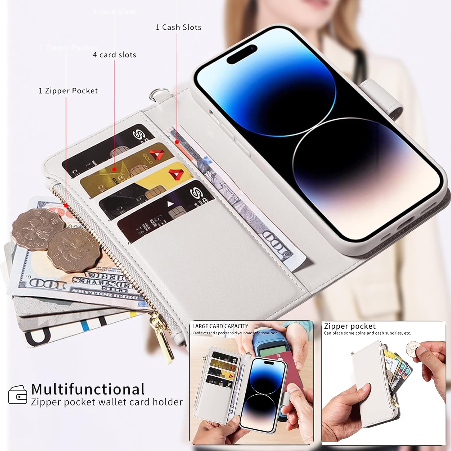 for iPhone 16 Pro(6.3 inches) Detachable Wallet Case with Crossbody.Multi-Function 2 in 1 Magnetic Wallet Case with Card Holder.Flip Strap Zipper Phone Case with Shoulder Straps - Image 3