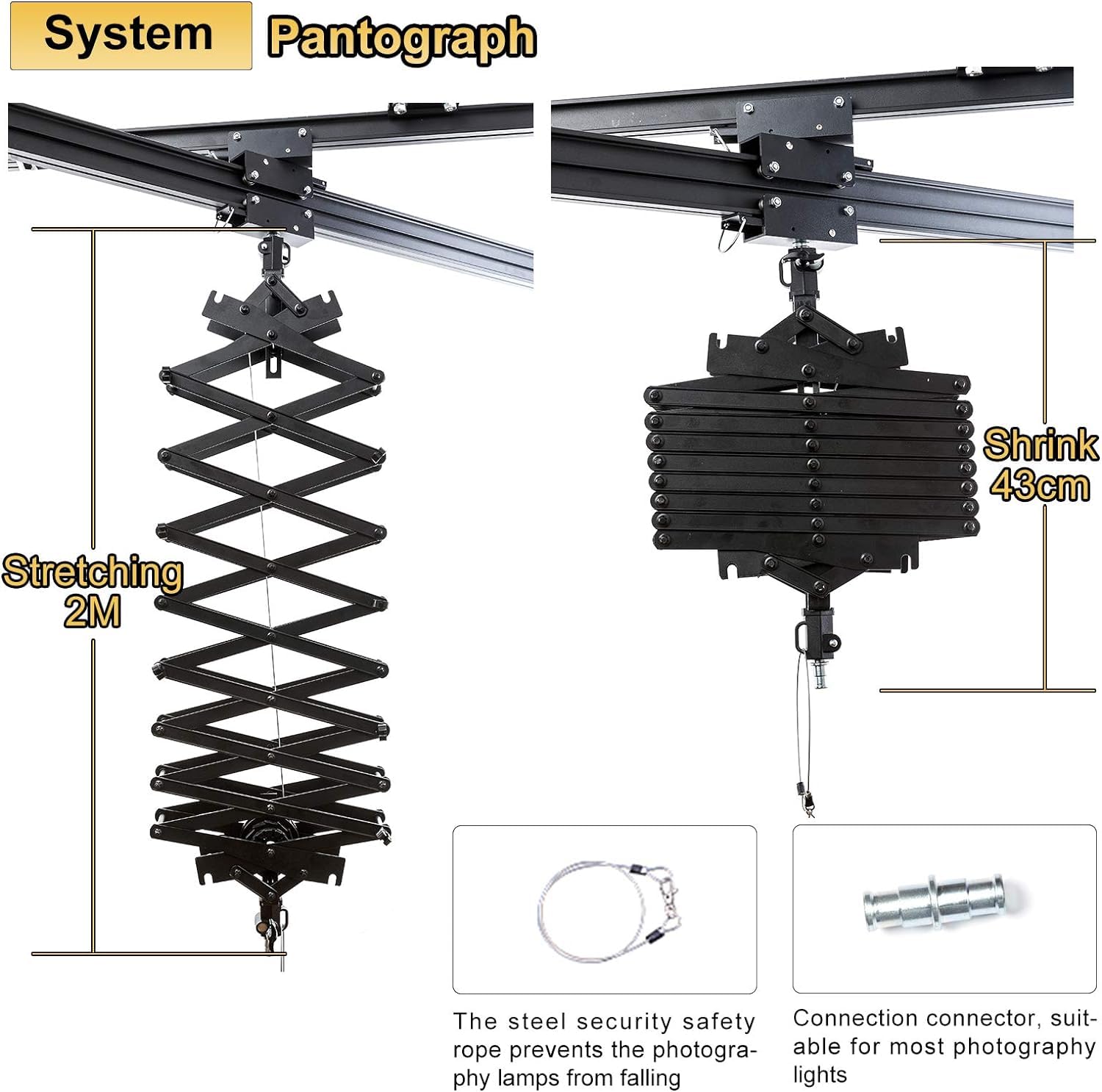 DATOUBOSS 5m x 5m Pantograph Deckenschienensystem für Fotografie, 5,0 m Schienenbeleuchtung mit Decken-Schienen, Pantograph Arm 43–200 cm, Deckenschiene für Foto & Video