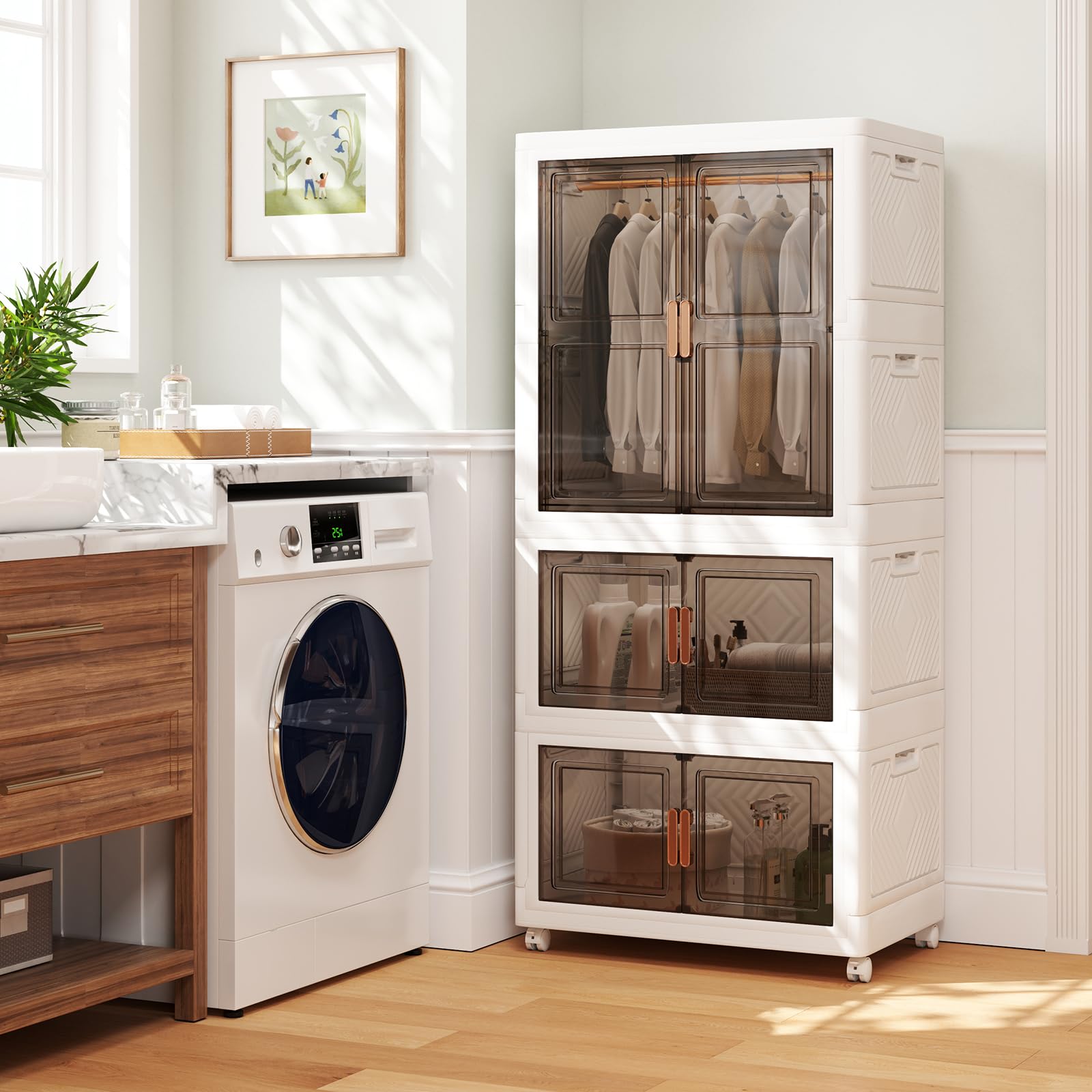 KOMFOTTEU Kleiderschrank mit 2 feststellbaren Rollen, Aufbewahrungsbox aus Kunststoff, mobiler Aufbewahrungsturm mit 10 Kleiderbügeln, 71 x 46 x 156 cm