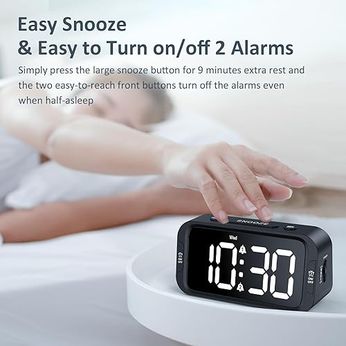Miniatura 6 de Odokee Reloj despertador digital dual para dormitorio, fácil de configurar, regulador de intensidad 0-100%, cargador USB, volumen ajustable de 5