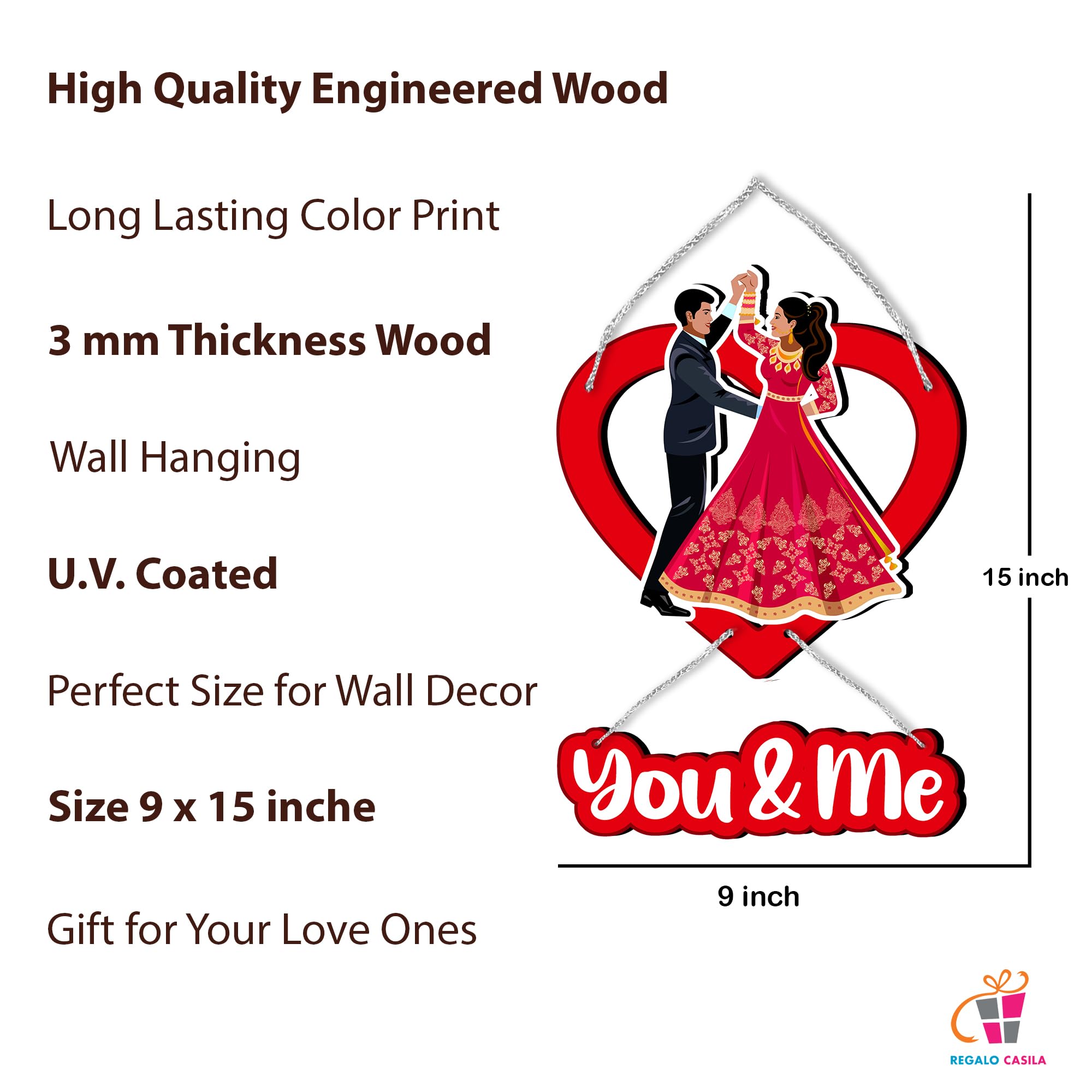 Regalo Casila Couple Room Wall Decor Items for Bedroom - Heart-shaped Romantic Wall Decor for New Couples with Silver Zari Detailing on 3mm MDF Wood 2
