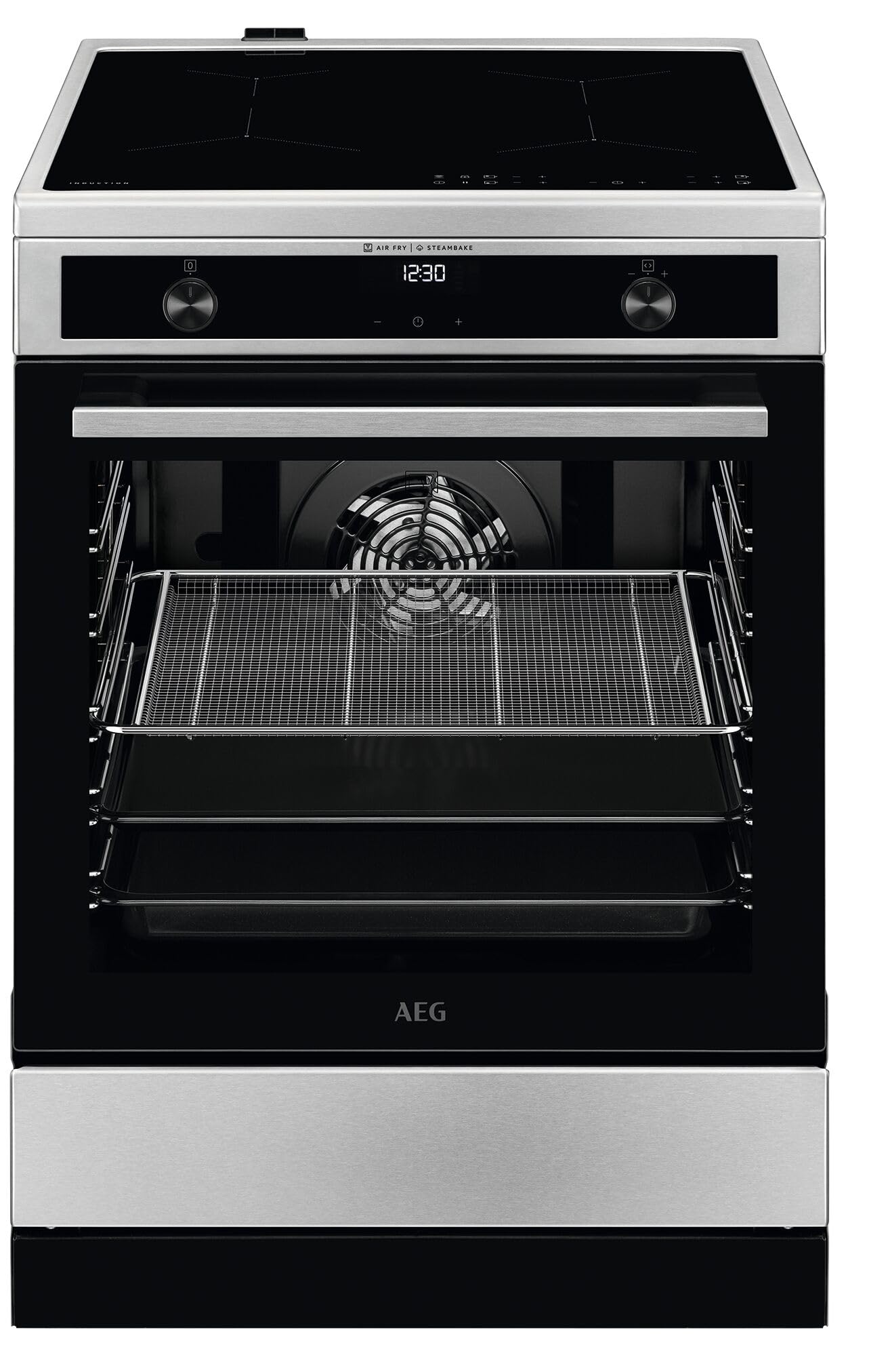 AEG Standherd mit Induktions-Kochfeld 60 cm/SteamBake – mit Feuchtigkeitszugabe/Hob²Hood/Touch-Bedienung/Grillfunktion/Display mit Uhr/Kindersicherung/A / CIB6643BBM