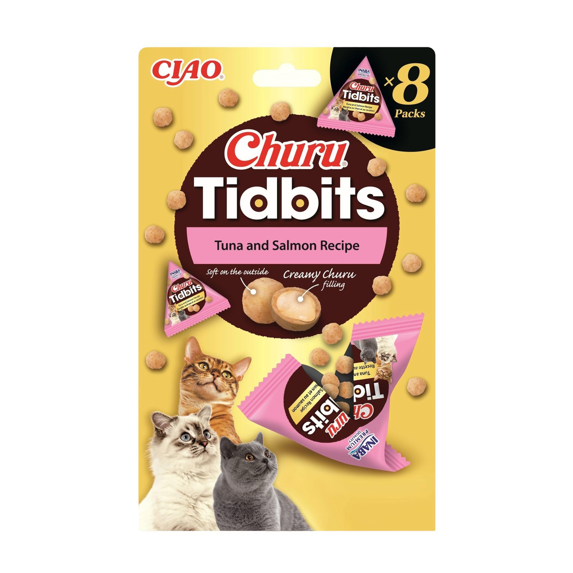 Churu Tidbits by INABA: Tuna and Salmon Recipe (8 x 12g) / Soft & Chewy Churu Filled, Baked Cat Treats with Taurine & Green Tea Extract, Delicious & Healthy Snack, Training Treat, Natural, Grain Free