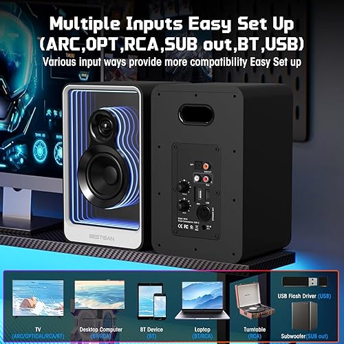 Miniatura 3 de BESTISAN - Altavoces activos de 50 W x 2 con efecto de luz dinámica, altavoces de computadora de graves de 3 pulgadas con entrada ARCópticaRCABT
