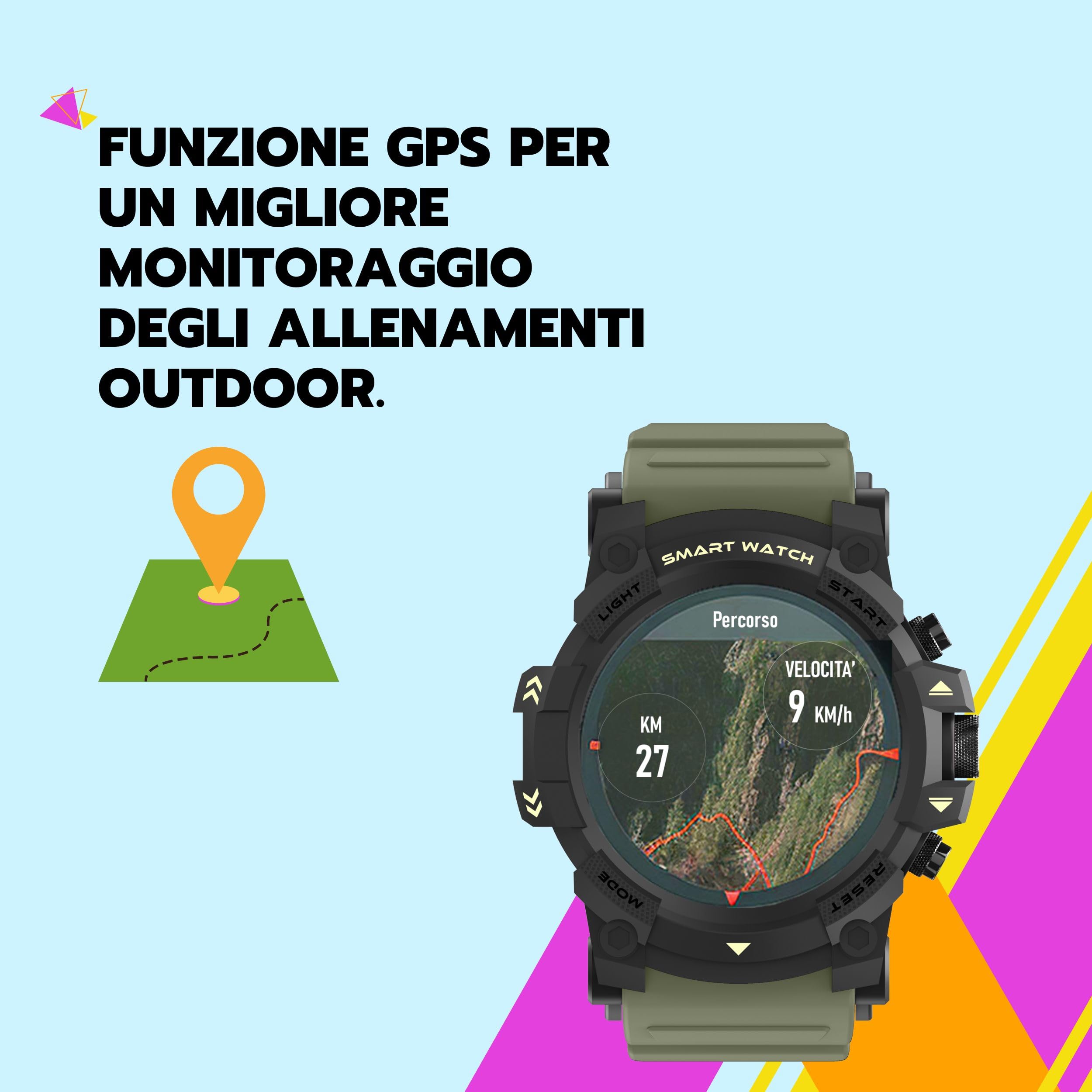 SAIET - Smartwatch W4RR1OR con Funzioni GPS, Chiamate e Messaggi - Orologio Digitale in Vetro Temperato Waterproof - Smartwatch Sport - Verde