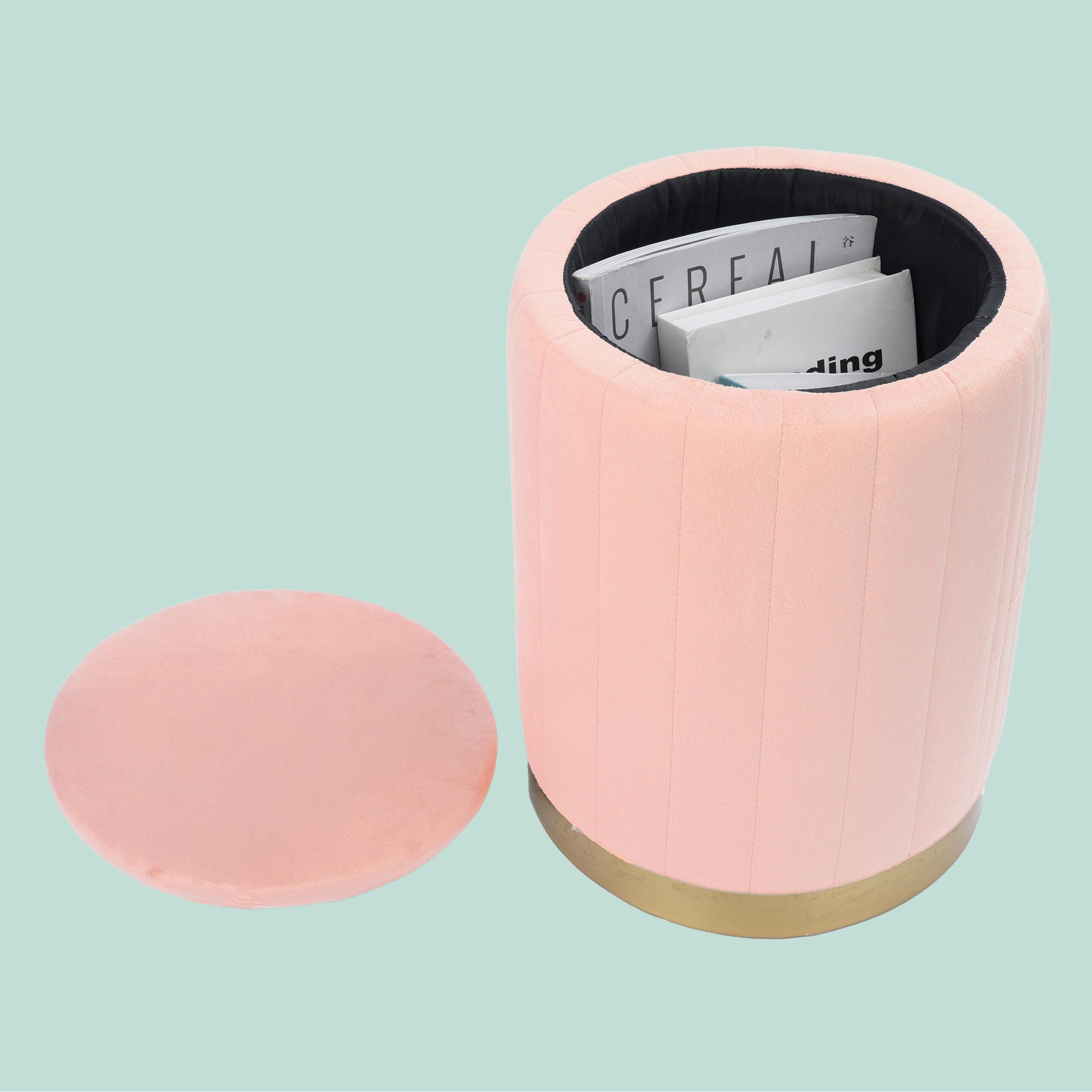 Sgabello Relaxdays in Velluto, con Contenitore, Imbottito, HxP: 42 x 32 cm, Rotondo, Soggiorno, Rosa Antico