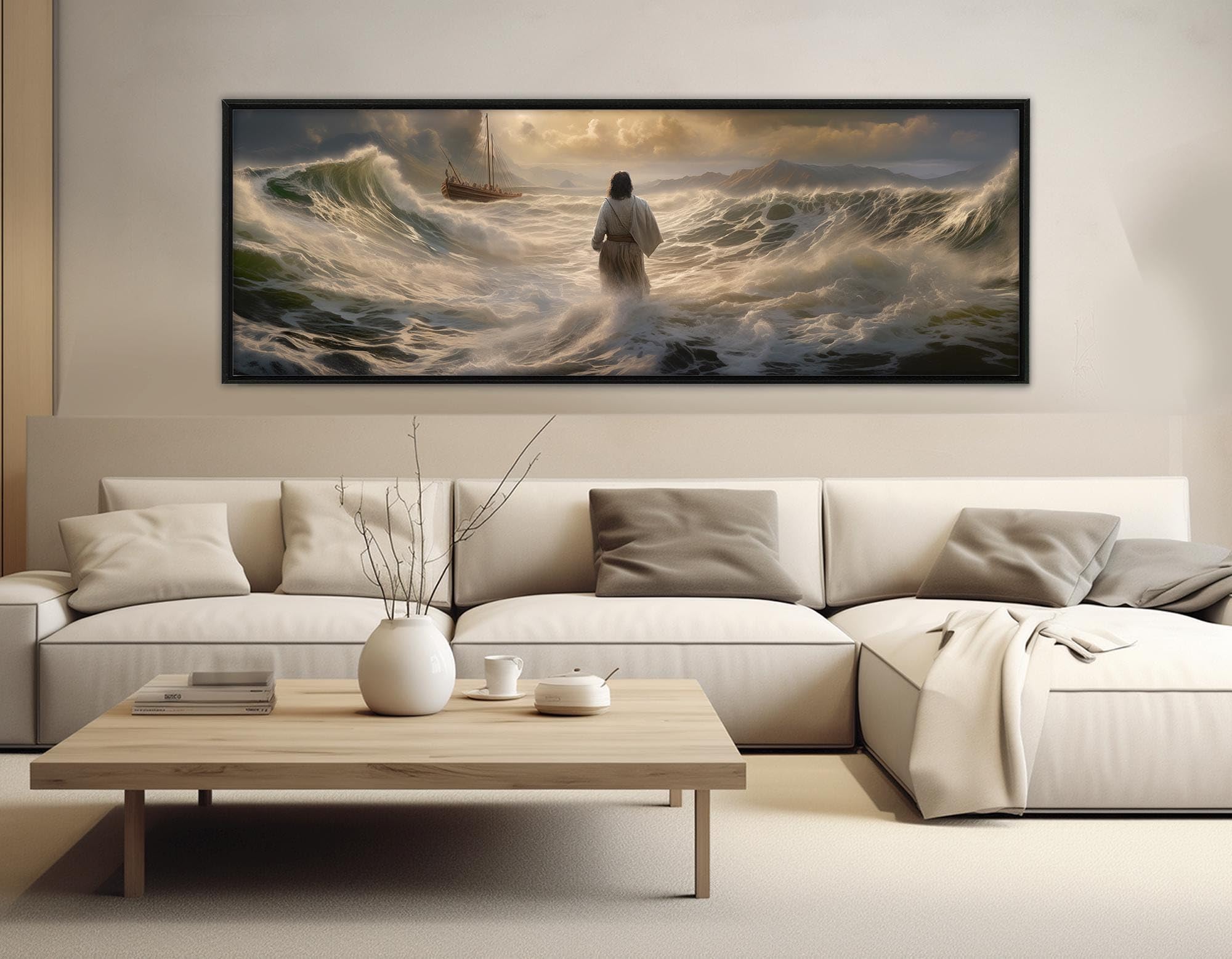 TONGYINLI Cuadro en lienzo de Jesús caminando sobre el agua, pósteres y láminas religiosas, arte mural con escena bíblica, para habitación, decoración del hogar (35 x 105 cm/marco interior).