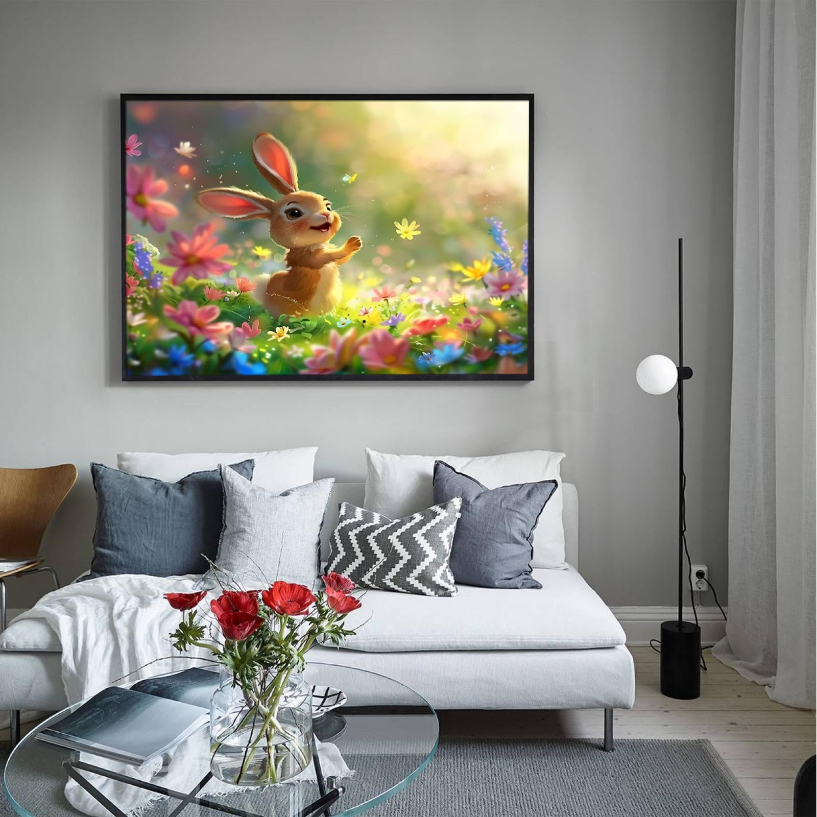 Via Vela Mignon Lapin Floral Toile Art Mural Vibrant Animal Images Nature Paysage Oeuvre d’art Impressions Lapin Jardin Affiche Peinture pour Bureau Décor 40x60cm avec Cadre Noir