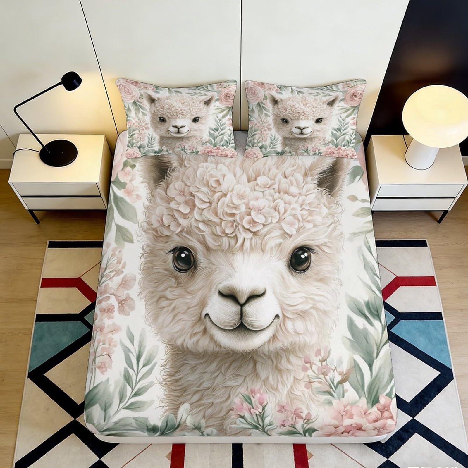 3D Printed Cute Alpaca Fitted Sheet Microfiber Floral Soft Breathable Baby Animal Bed Cover for Bedroom Dormitory Guest Room Mattress Protection 140x200x25cm