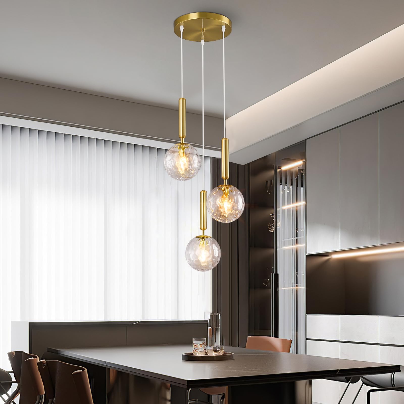 Moderne Gold Leuchte Pendelleuchte für Kücheninsel Mid Century Pendelleuchten mit Kugel Klarglas Weißglas Pendelleuchte für Esszimmer Bad Eingang Schlafzimmer(3-Licht)