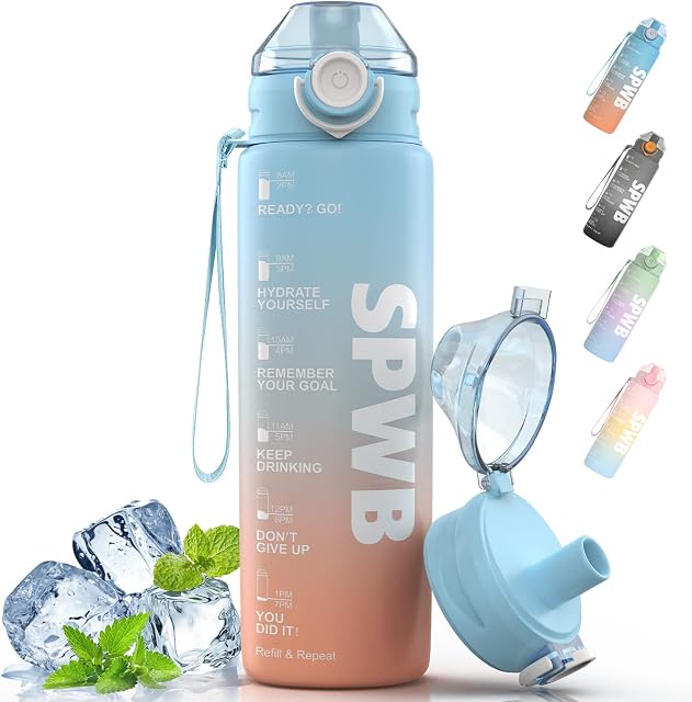 SPWB 1L Water Bottle,Sports Water Bottle with Time Marker,Motivational Water Bottle BPA Free Leak-Proof Durable Drink Bottle for Fitness,Camping,Outdoor, Office,Cycling