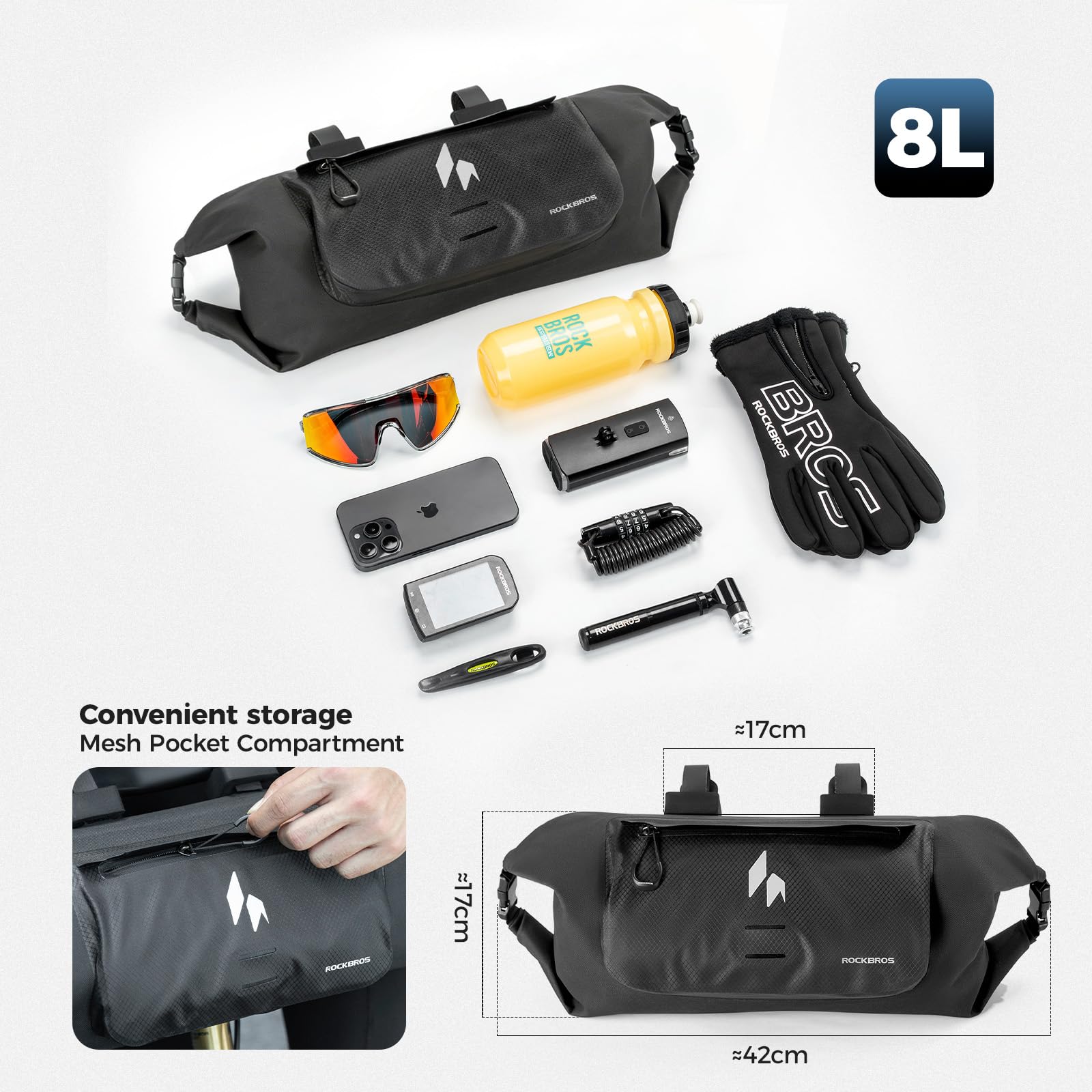 ROCKBROS 100% wasserdichte Lenkertasche Fahrrad 8L Bikepacking | Fahrradtasche mit Rollverschluss und Fronttasche, ideal für Gravelbike, MTB, Faltrad und E-Bike