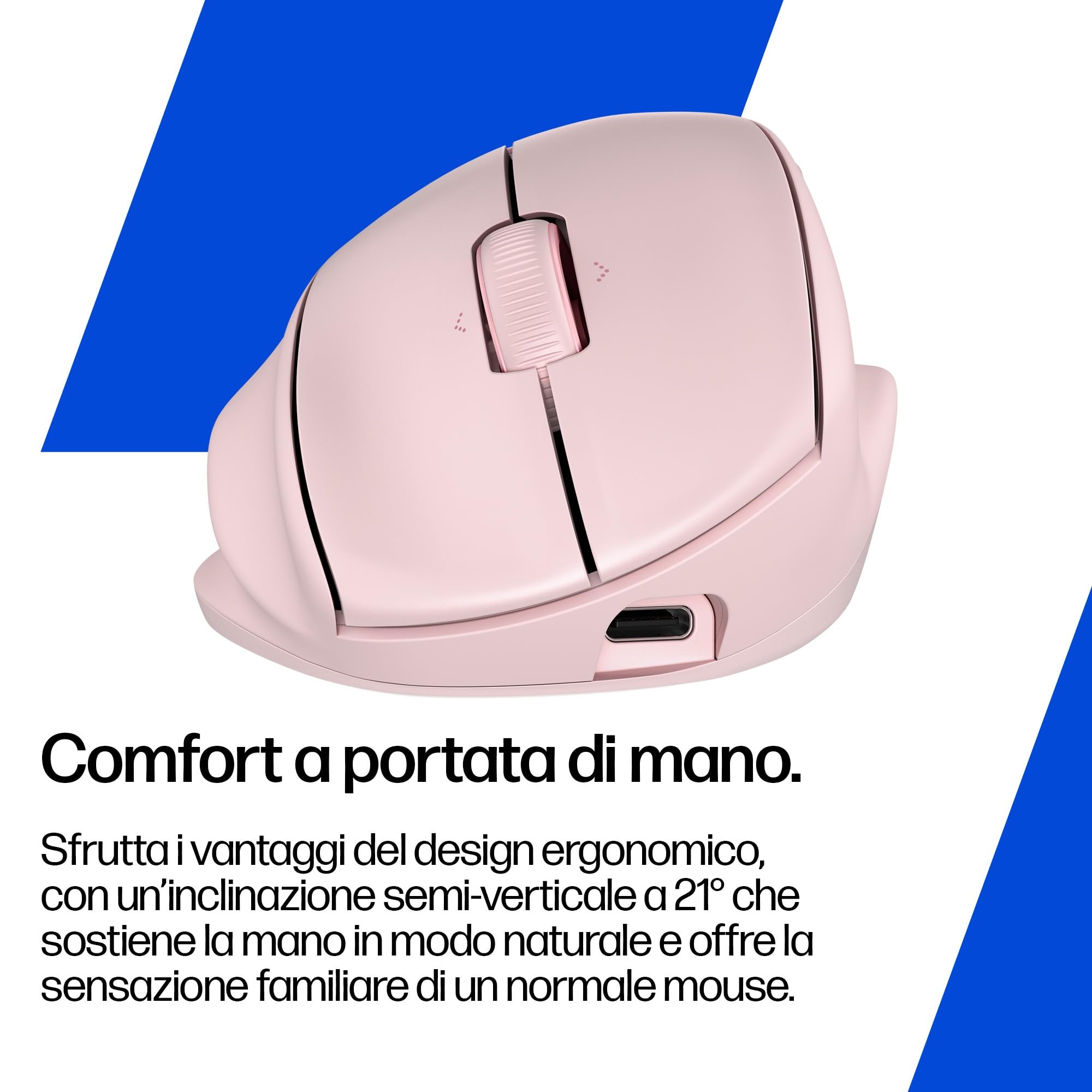HP Tilt 720M, Mouse Wireless Ergonomico, Bluetooth, Rosa | Inclinazione Semi-Verticale a 21°, Ricarica Rapida, Windows, macOS, ChromeOS, iPadOS, Android