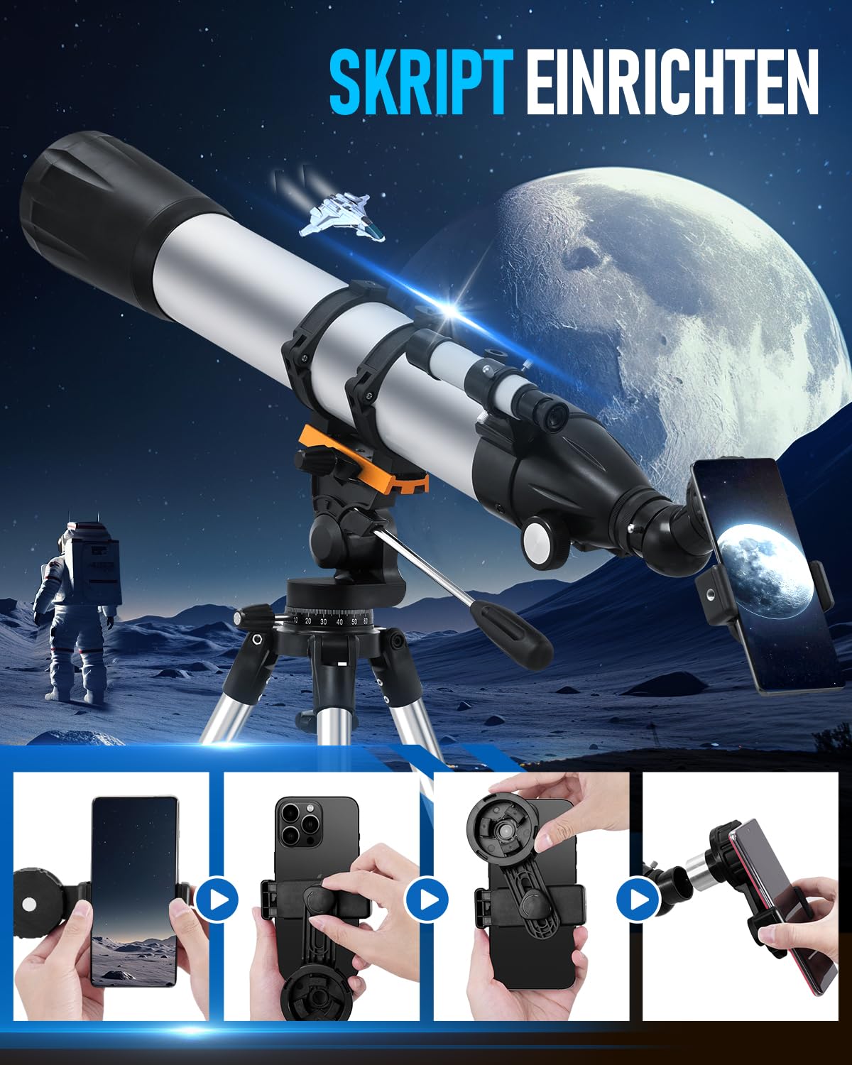 Teleskop Astronomie für Erwachsen, 90mm Öffnung 900mm Refraktor Teleskop für Kinder & Anfänger, Tragbares Reiseteleskop mit Stativ, Einem Handy-Adapter, Einer Kabellosen Fernbedienung