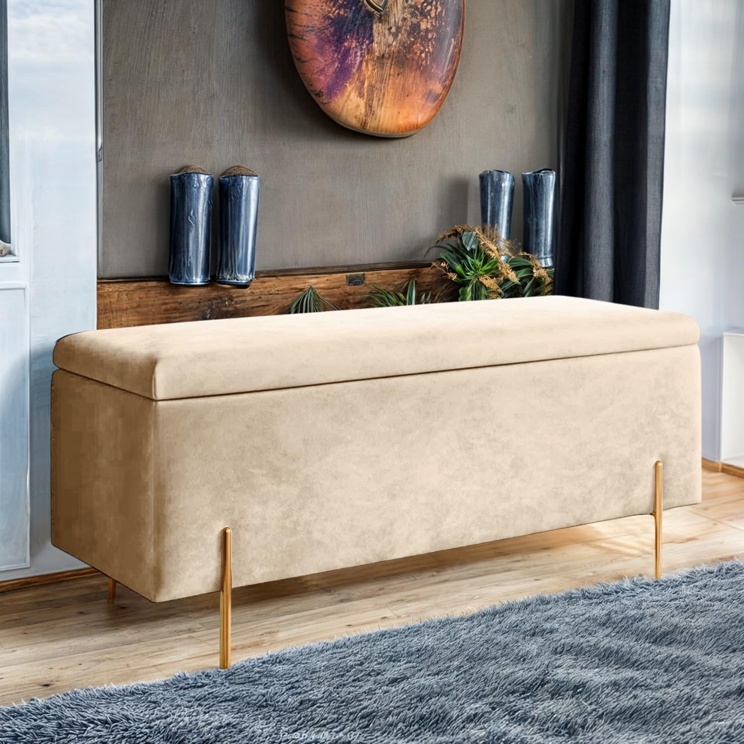 Harveys Living Plain Ottoman Storage Box - Engineered Wood Luxurious Plush Velvet Ottoman Storage Bench (Cream, Legs) โ image 1
