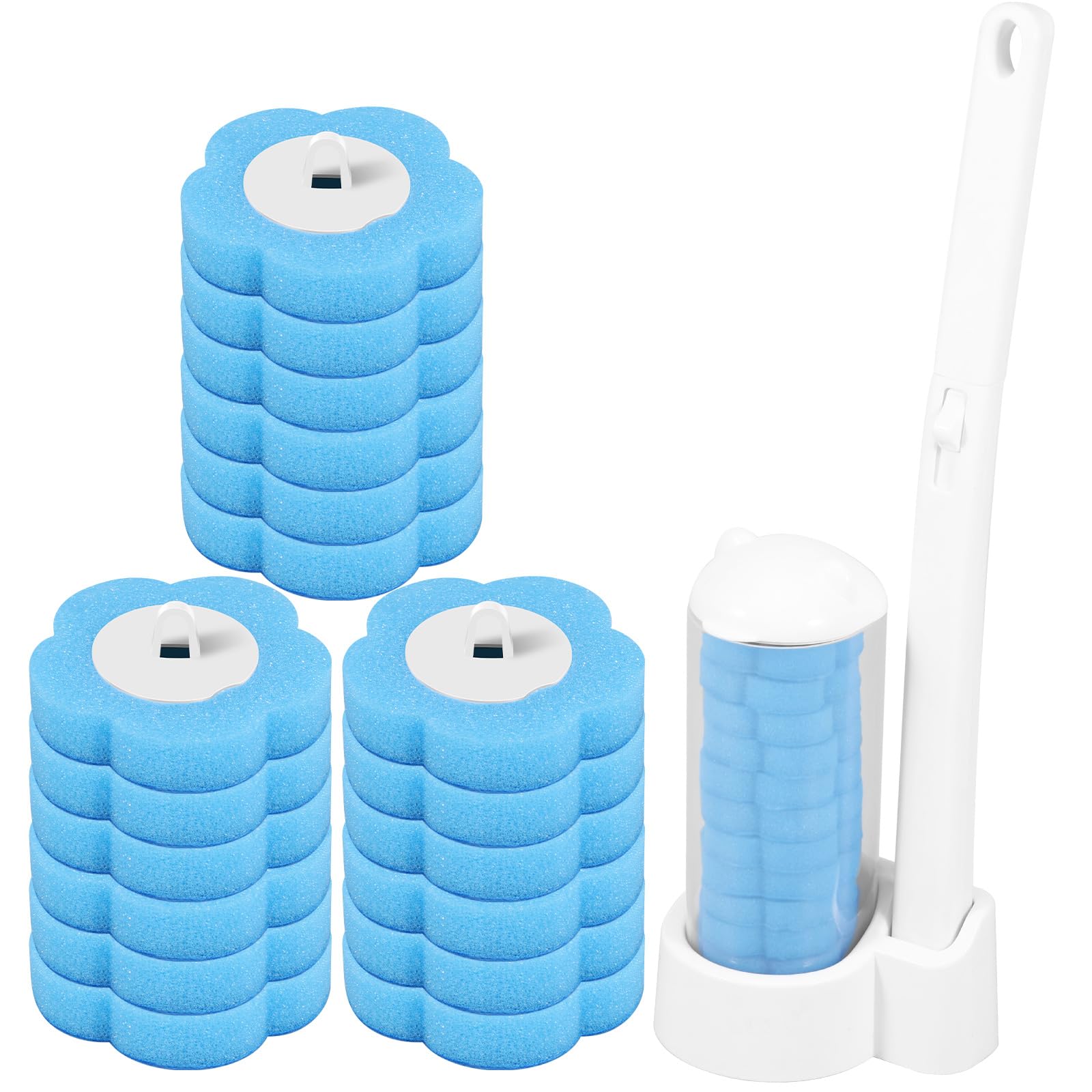 Patnfr White Handle+Storage Caddy+18 Blue Brush Heads Toilet Cleaning Kit Set, Toilet Brush Wand Kit With Handle Cleaner Brush Toilet Cleaning System For Sink Bathtub Wash Basin Mop Pool (White Handle+Storage Caddy+18 Blue Brush Heads)