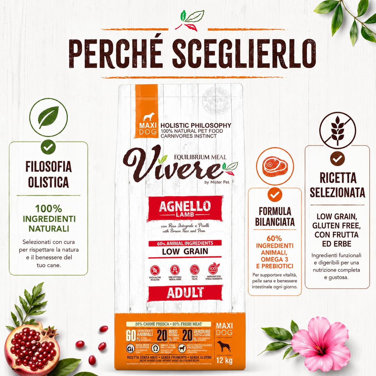 Vivere Adult Maxi Crocchette Cane Adulto 12 kg con Agnello, Mangime Secco Low Grain Gluten Free per Cani Taglia Grande, Alimento Completo con Omega 3, Prebiotici, Frutta ed Erbe, 12 kg