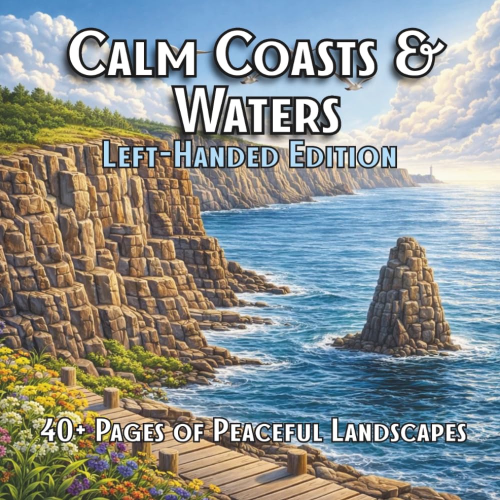 Calm Coasts & Waters Left-Handed Edition: A Relaxing Landscape Coloring Book for Calm, Focus, and Stress Relief