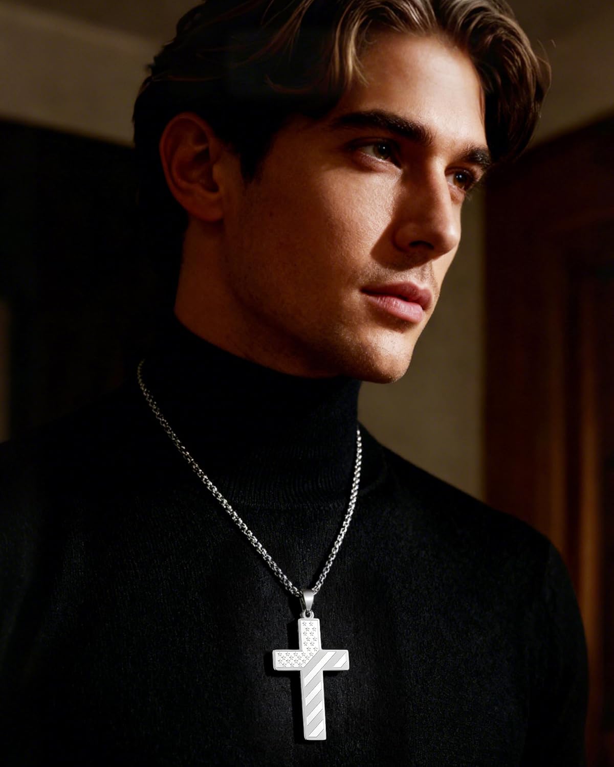 2 PCS American Flag Cross Necklace for Men Silver Black Bible Verse Cross Pendant Necklace Stainless Steel Flag Cross Neck-lace Religious Christian Patriotic Jewelry Accessories Gifts for Him - Image 3