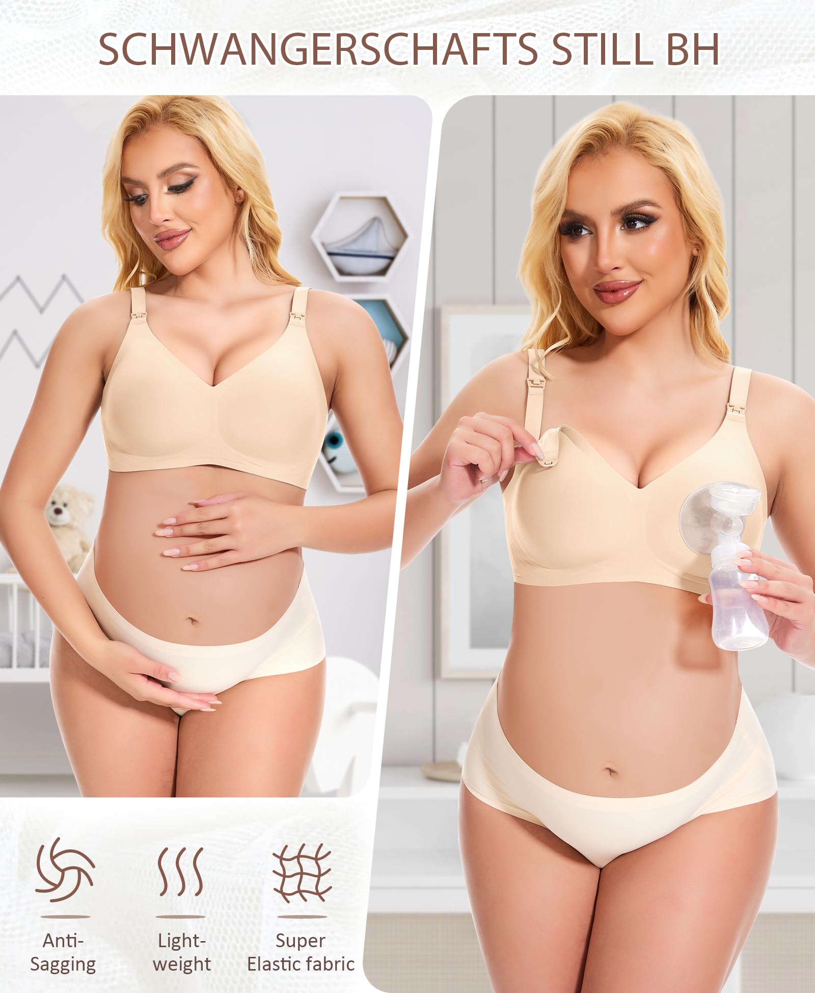 QooNoo Reggiseno per allattamento, senza ferretto, per gravidanza, seni grandi, in cotone, per dormire e allattamento, beige., 3XL