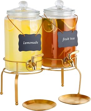 Drink Dispensers for Parties, 2 Pack 1 Gallon Beverage Dispenser with Stand, Drink Dispenser With Glass Lid, juice dispensers for parties