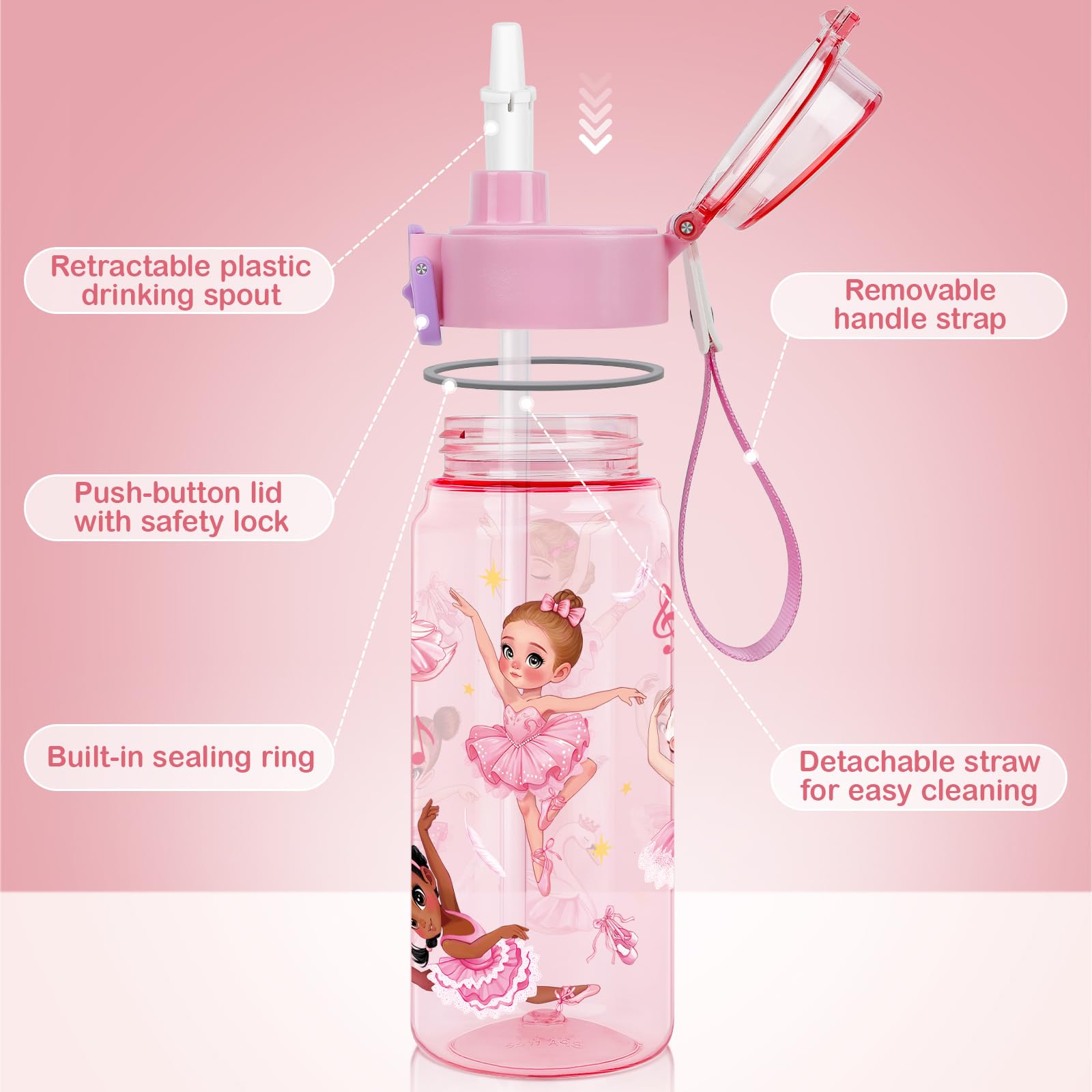 Botella de Agua para Niños 550ml, Cantimplora Infantil con Pajita para Niña Infantil, a Prueba de Fugas, Sin BPA para La Colegio y el Exterior - Ballet