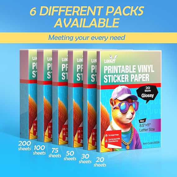 Uinkit 50 Sheets Premium Glossy Printable Vinyl Sticker Paper - Waterproof, Quickly-Dries