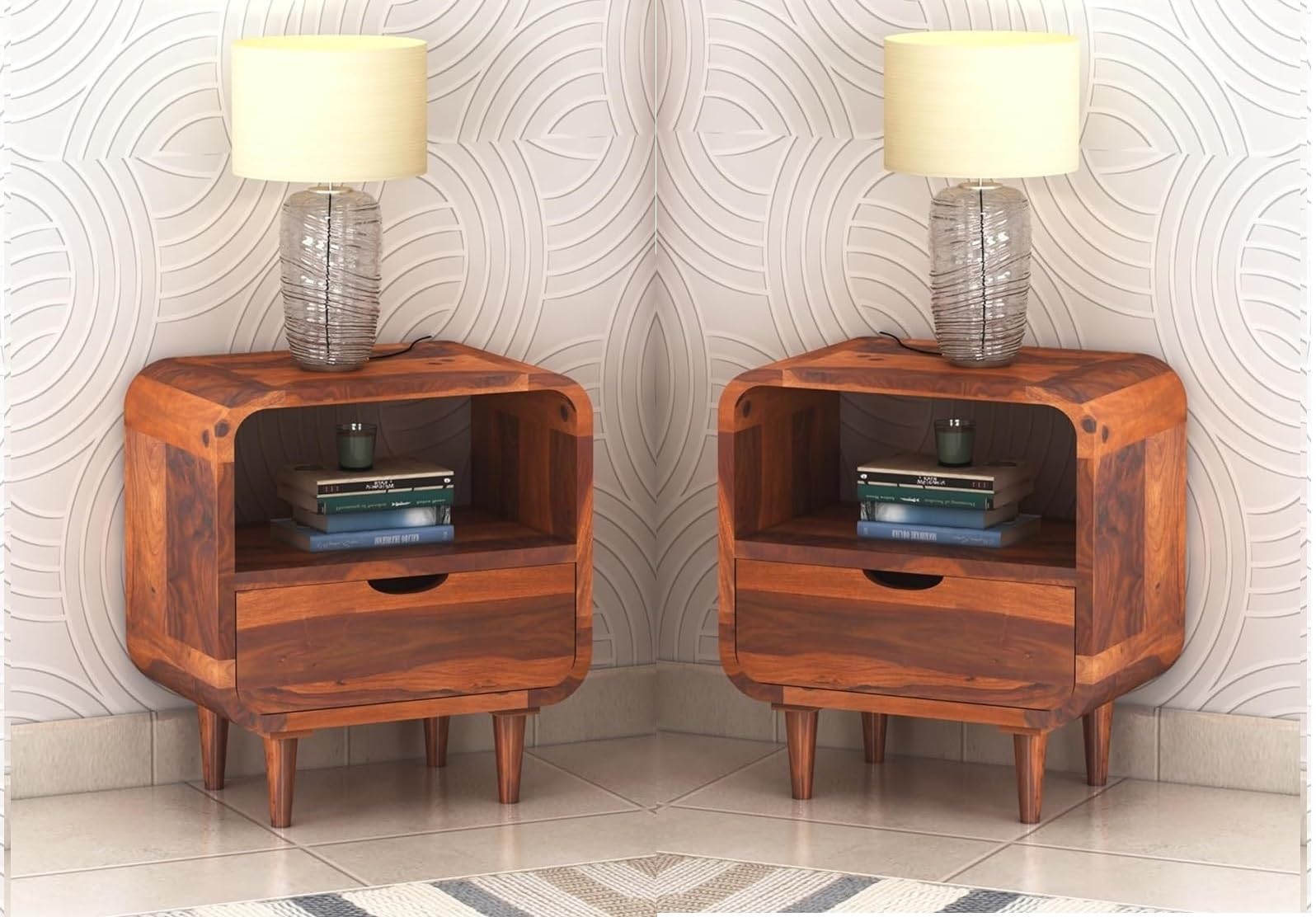 MURALICRAFT Solid Sheesham Wood Bedside Table for Bedroom | Wooden Set of 2 Bed Side Nightstand Lamp Table with Drawer & Open Shelf Storage for Home & Hotels | Rosewood, Honey discount deal